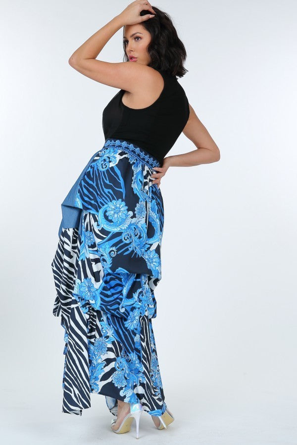 Animal Chain Print Denim Tacked Maxi Skirt In Black Gold - AV Fashion’s