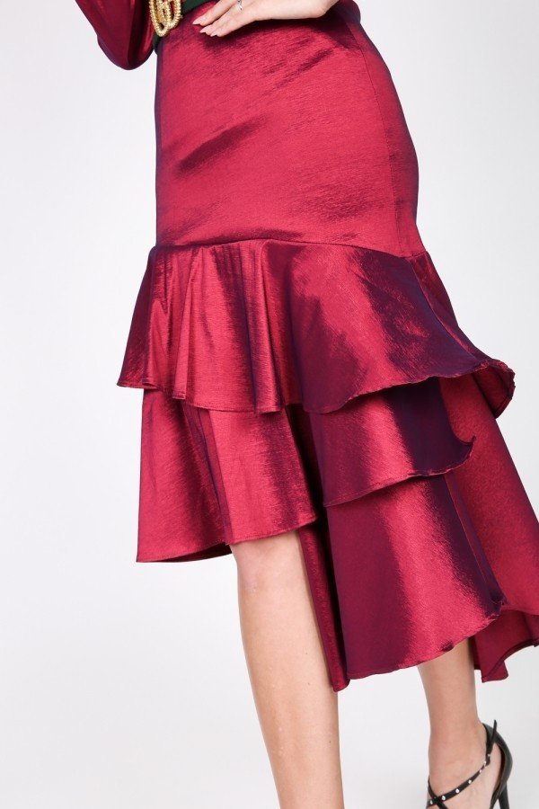 Asymmetrical Ruffle Bottom Satin Skirt - AV Fashion’s