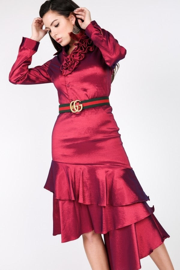 Asymmetrical Ruffle Bottom Satin Skirt - AV Fashion’s