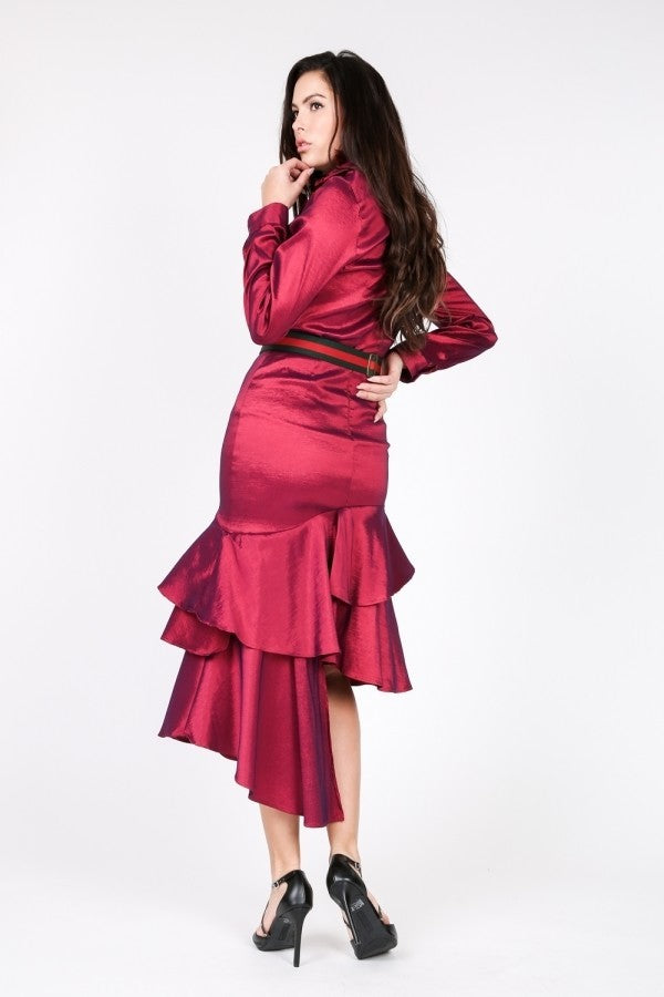 Asymmetrical Ruffle Bottom Satin Skirt - AV Fashion’s