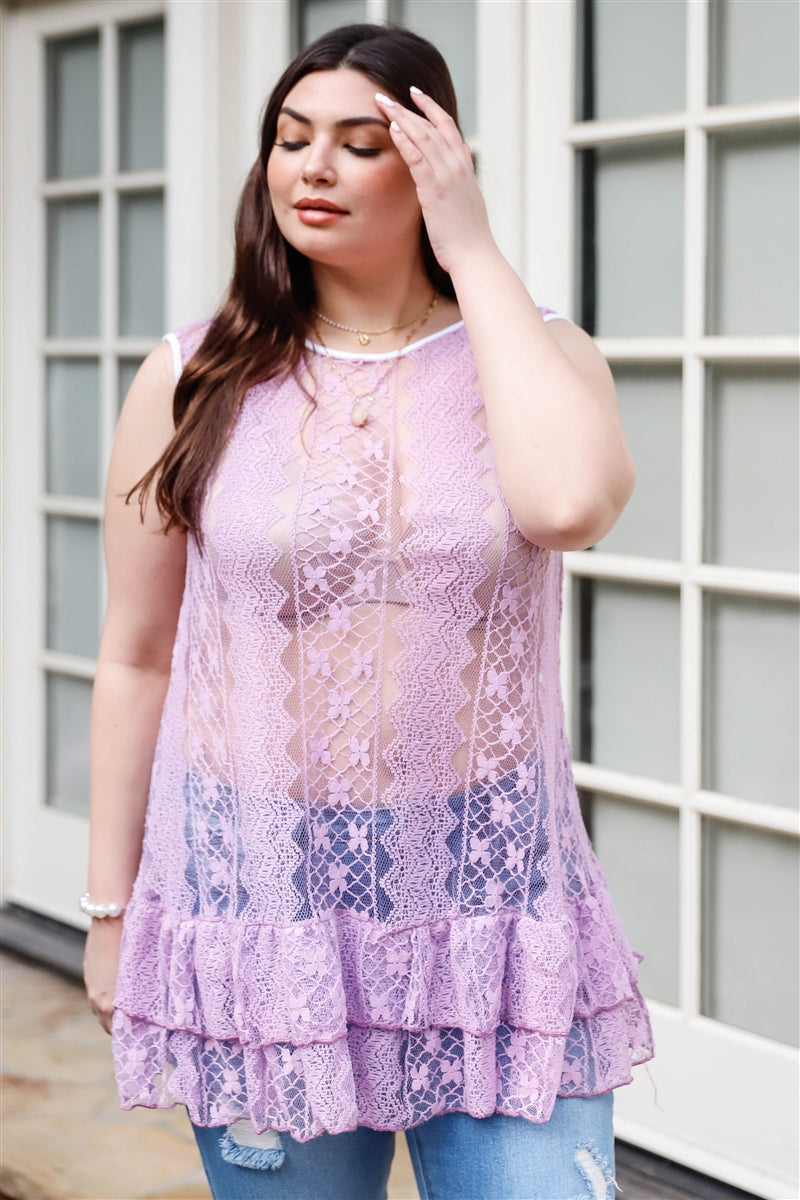 Plus Lace Sheer Ruffle Hem Sleeveless Maxi Top - AV Fashion’s