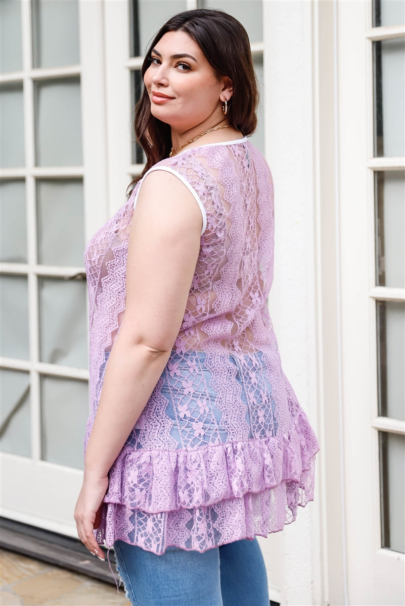 Plus Lace Sheer Ruffle Hem Sleeveless Maxi Top - AV Fashion’s