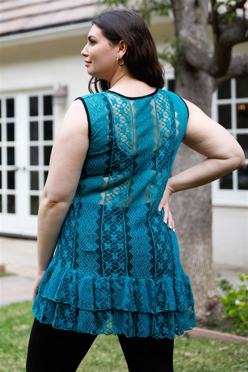 Plus Lace Sheer Ruffle Hem Sleeveless Maxi Top - AV Fashion’s