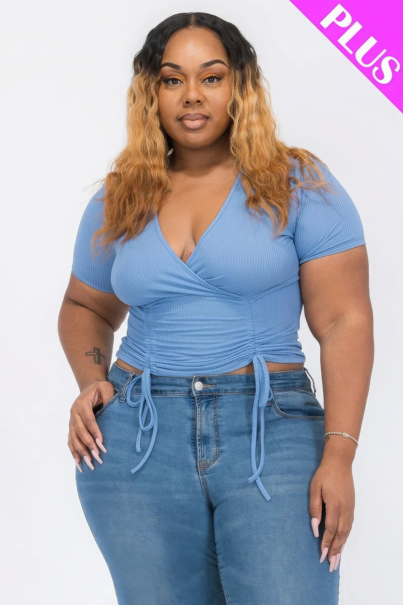 Plus Ribbed Ruched Drawstring Surplice Top - AV Fashion’s