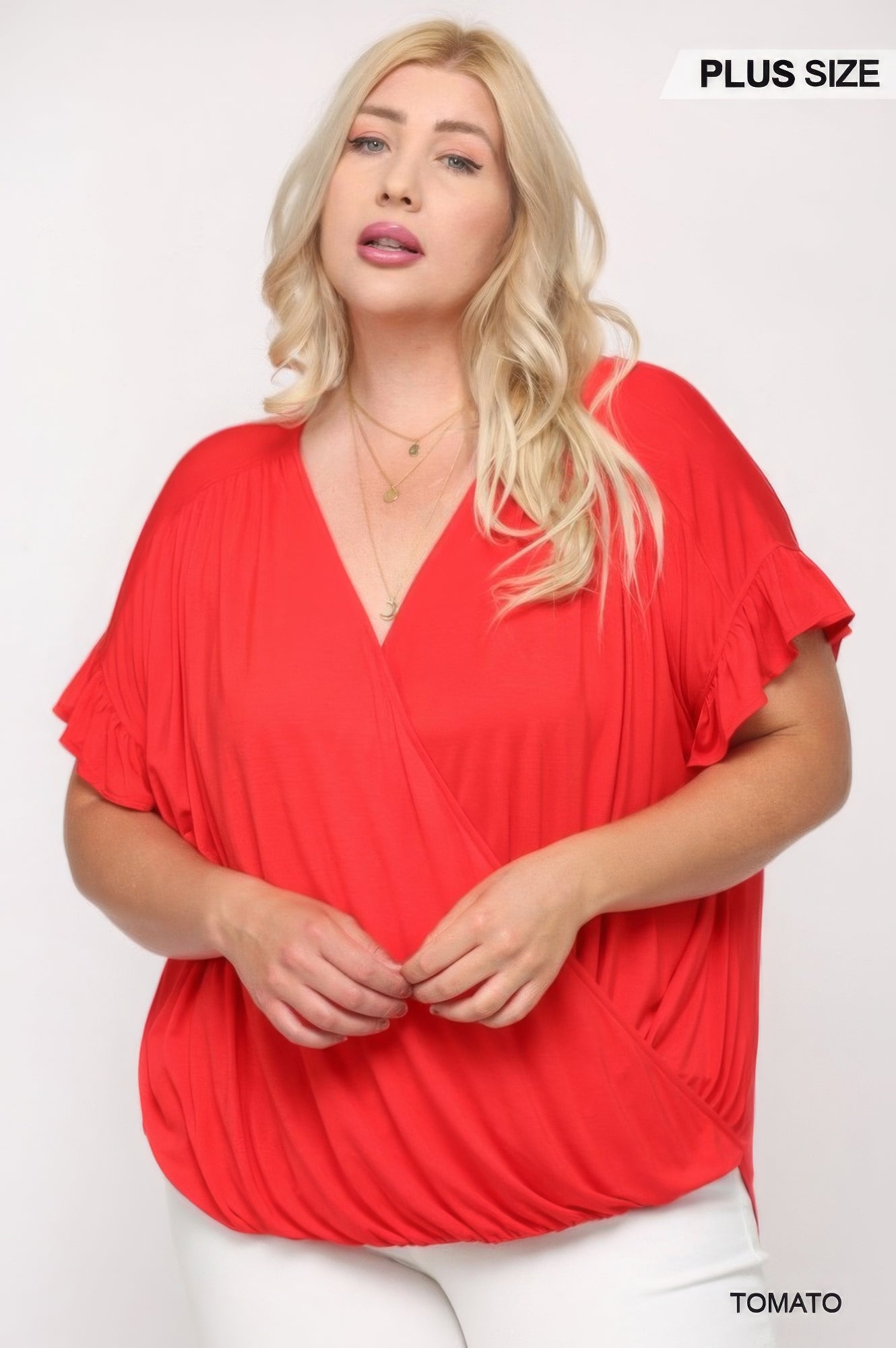 Solid Viscose Knit Surplice Top With Ruffle Sleeve - AV Fashion’s