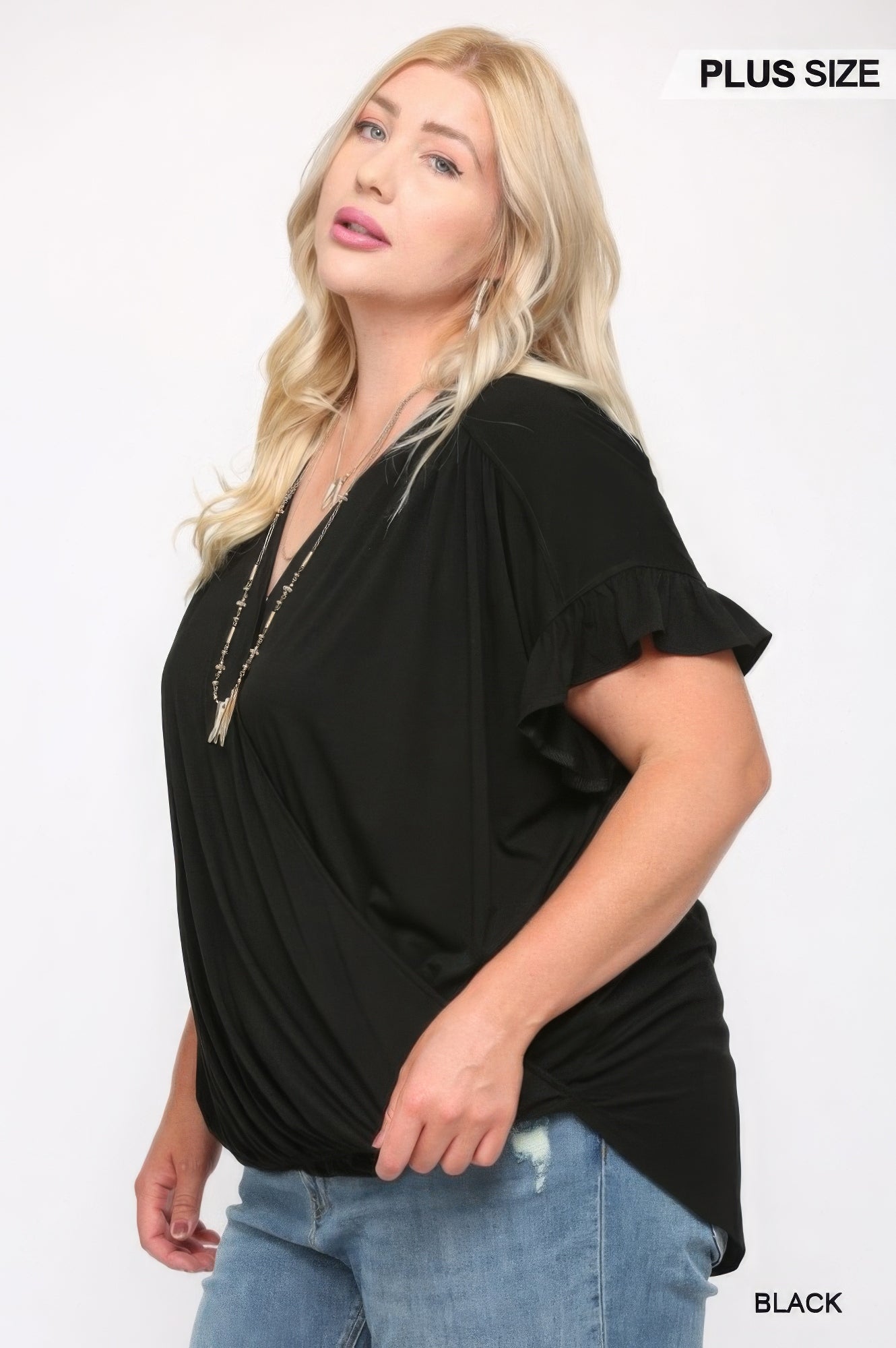 Solid Viscose Knit Surplice Top With Ruffle Sleeve - AV Fashion’s