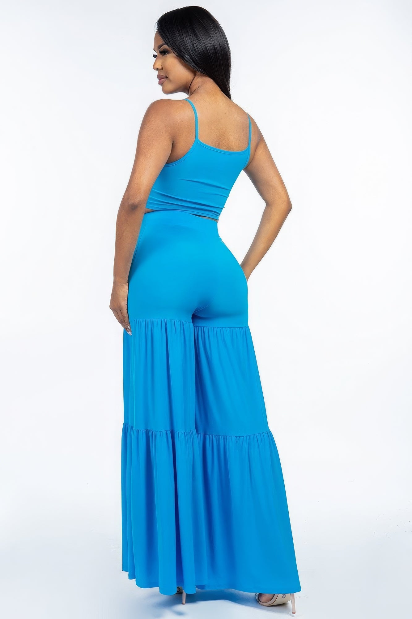 Solid Tie Front Spaghetti Strap Tank Top And Tiered Wide Leg Pants Two Piece Set - AV Fashion’s