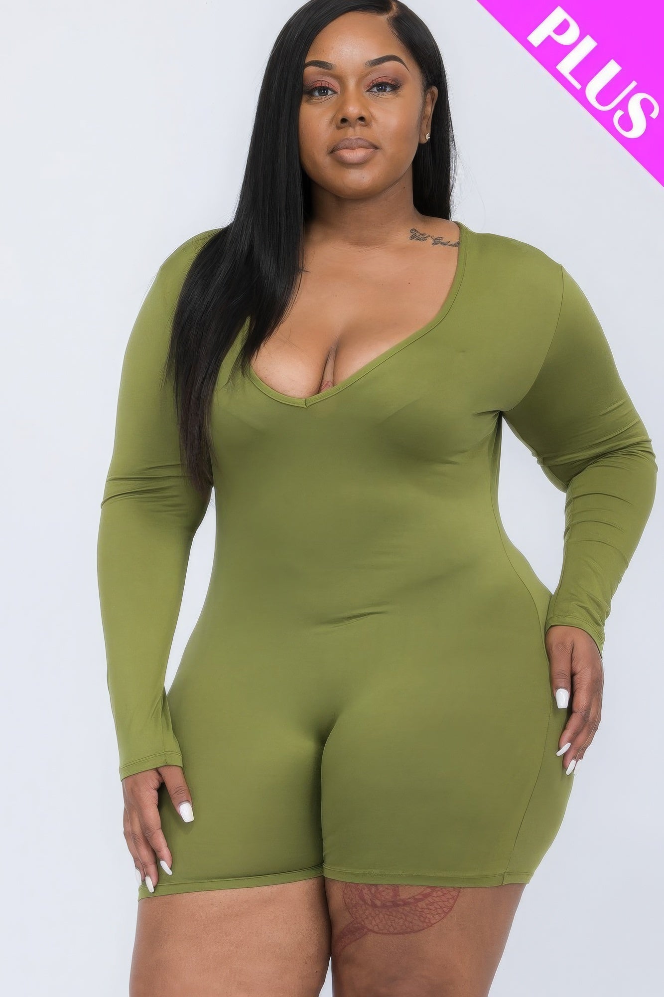 Plus V-neck Long Sleeve Bodycon Romper - AV Fashion’s