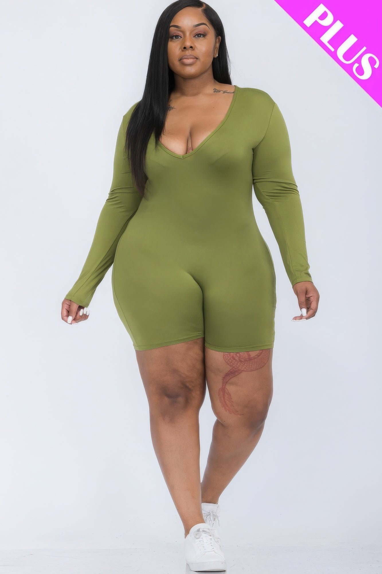 Plus V-neck Long Sleeve Bodycon Romper - AV Fashion’s