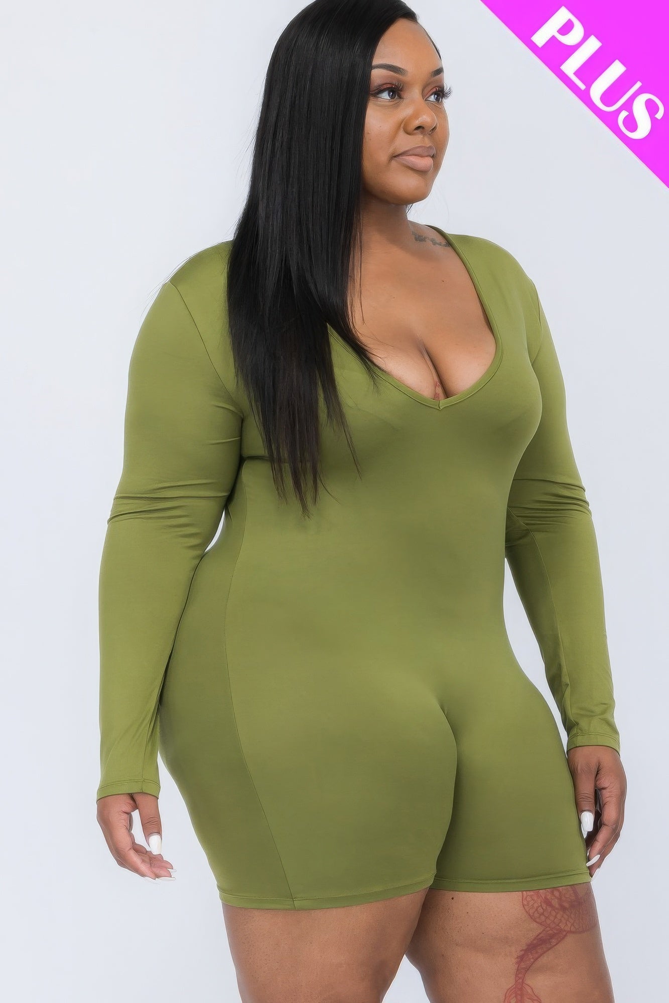 Plus V-neck Long Sleeve Bodycon Romper - AV Fashion’s