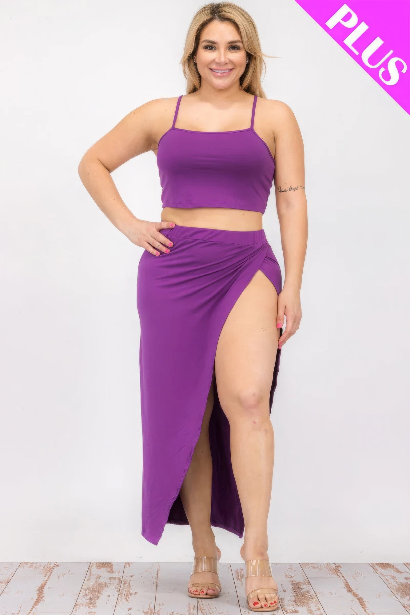 Plus Size Crop Cami & Split Thigh Maxi Skirt Set - AV Fashion’s