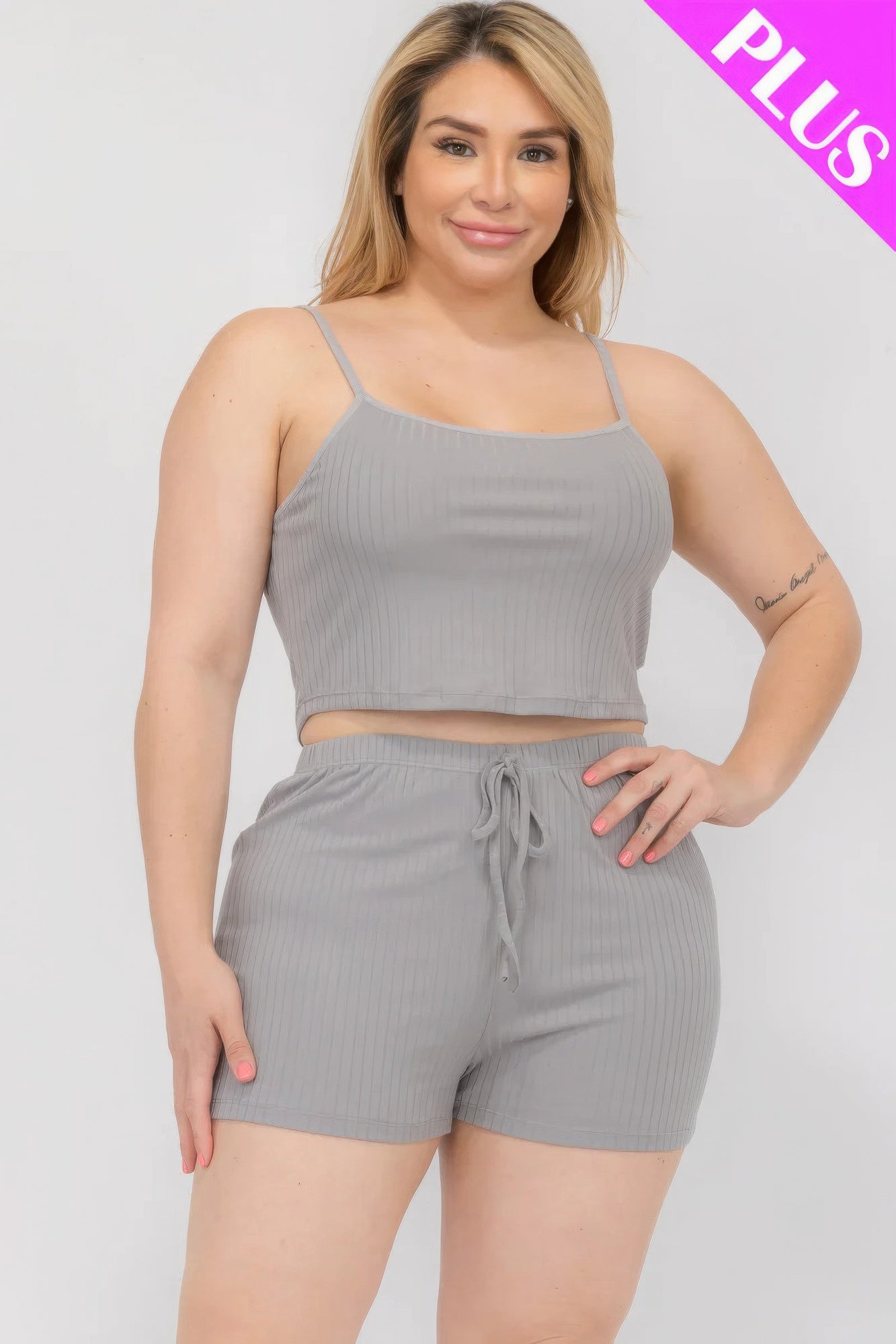 Plus Size Solid Ribbed Cami Top And Shorts Set - AV Fashion’s