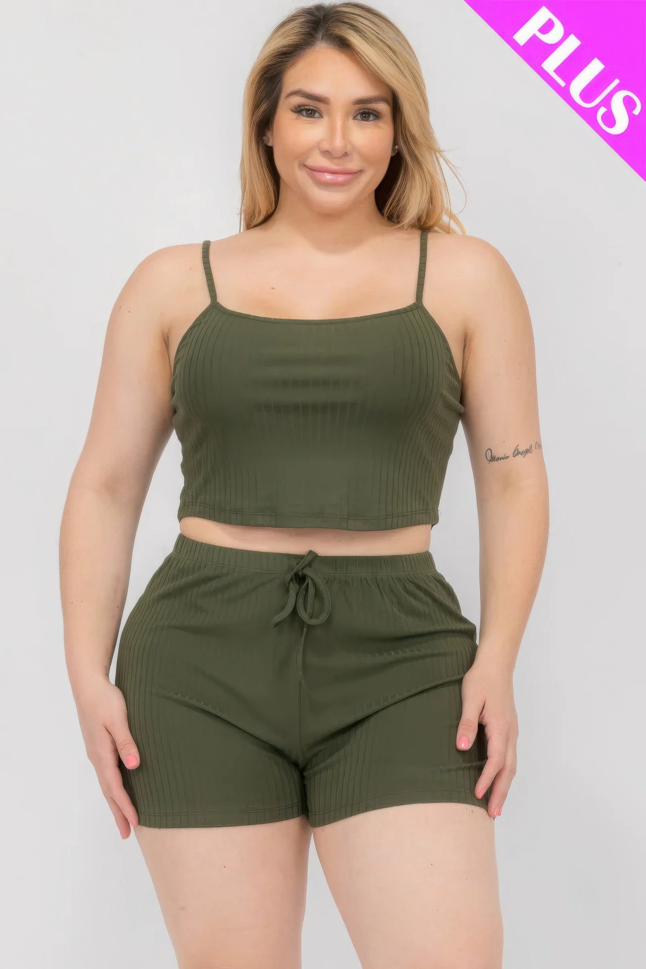 Plus Size Solid Ribbed Cami Top And Shorts Set - AV Fashion’s