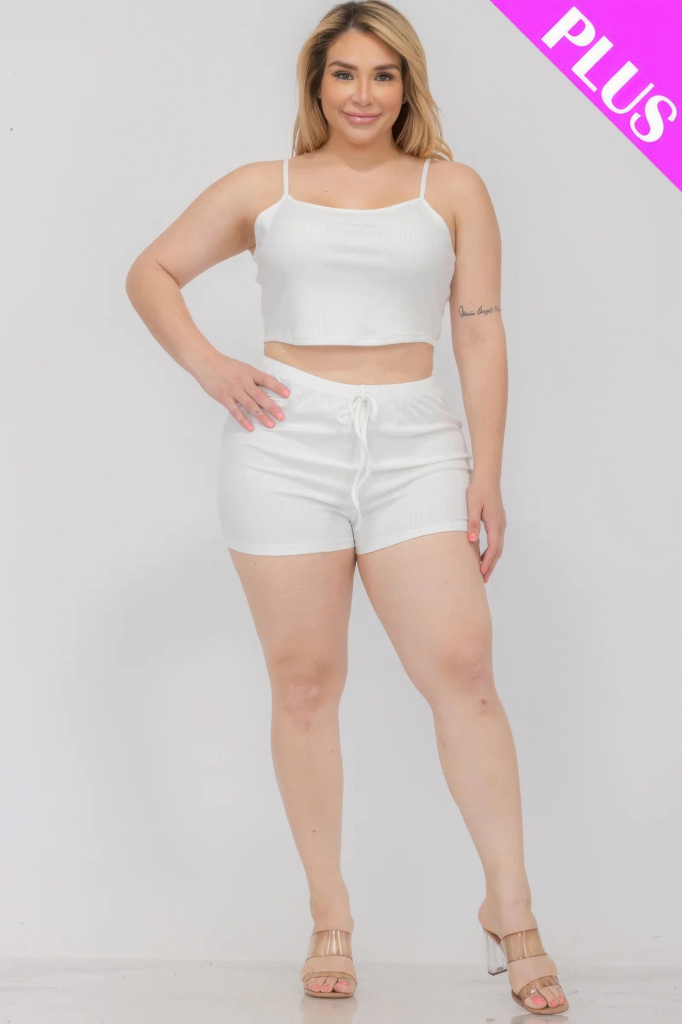 Plus Size Solid Ribbed Cami Top And Shorts Set - AV Fashion’s
