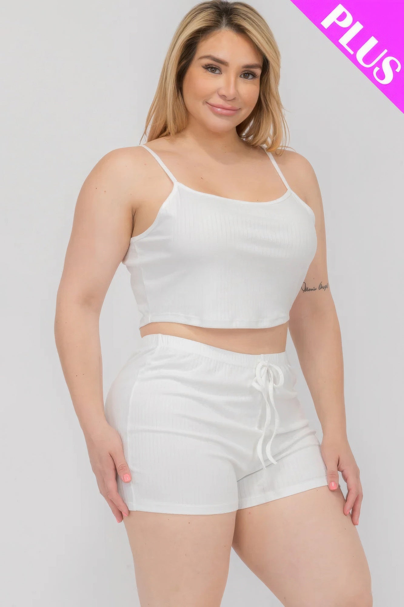 Plus Size Solid Ribbed Cami Top And Shorts Set - AV Fashion’s
