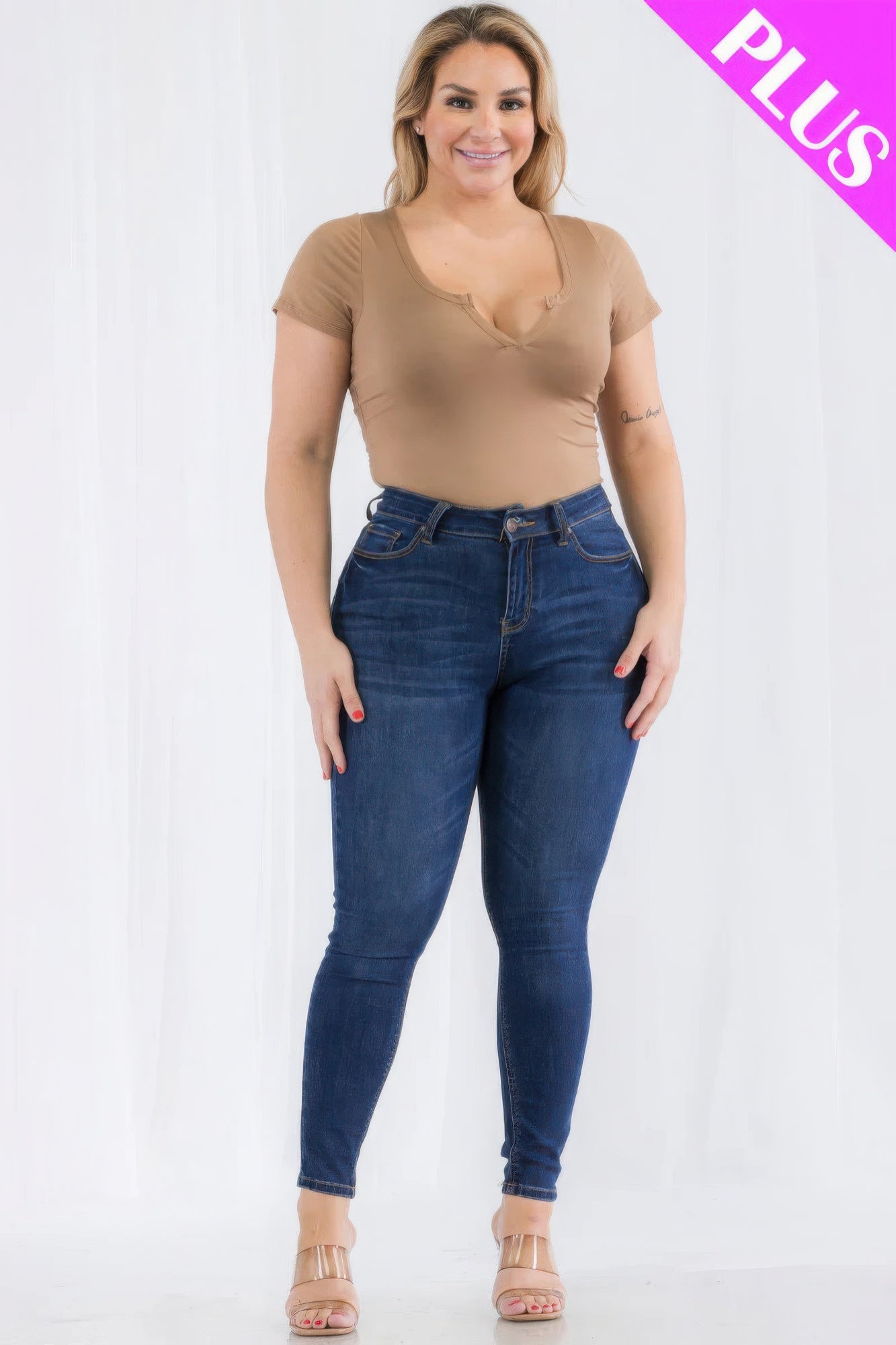 Plus Size Casual Split Neck Solid Short Sleeve Bodysuit - AV Fashion’s