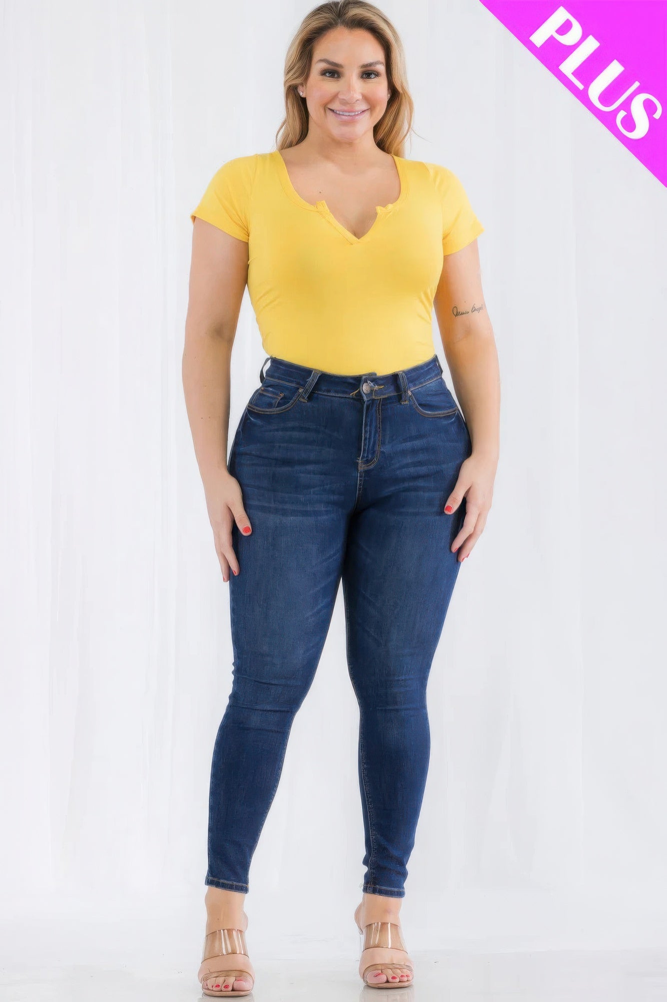 Plus Size Casual Split Neck Solid Short Sleeve Bodysuit - AV Fashion’s