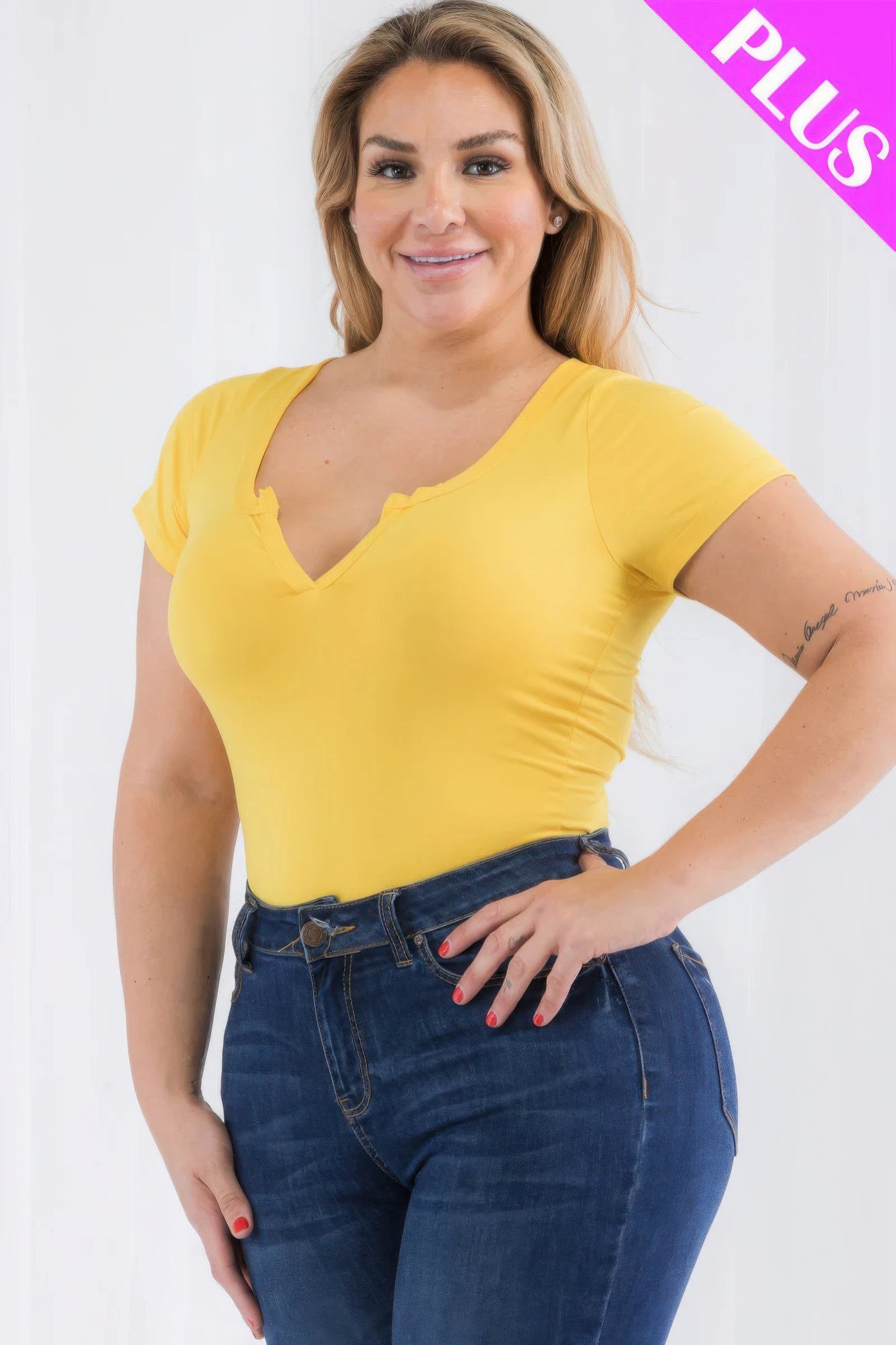 Plus Size Casual Split Neck Solid Short Sleeve Bodysuit - AV Fashion’s
