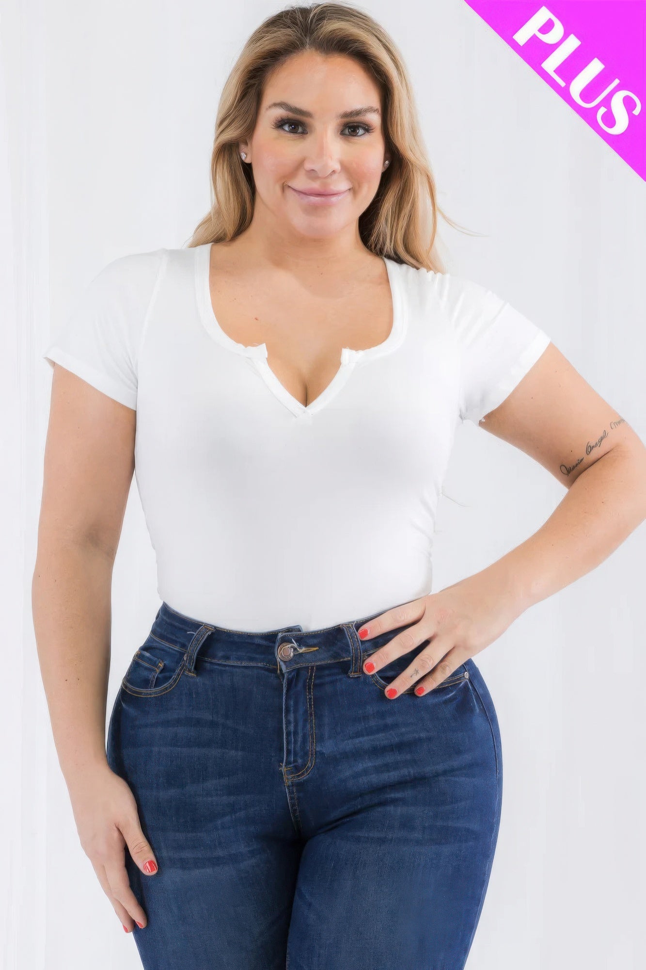 Plus Size Casual Split Neck Solid Short Sleeve Bodysuit - AV Fashion’s