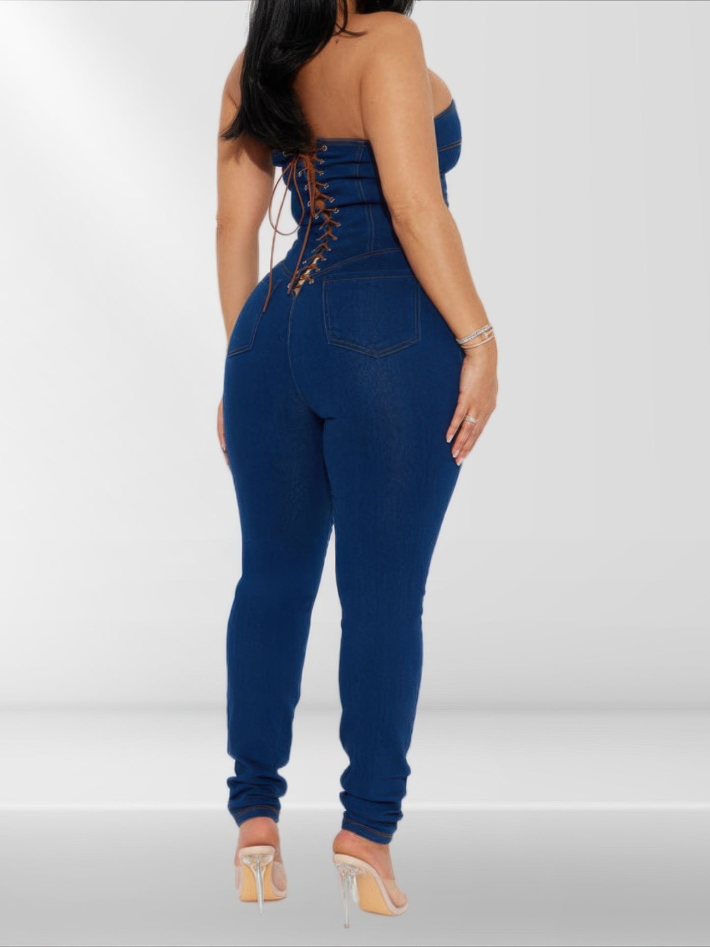 Strapless Denim Jumpsuit With Lace Up Back - AV Fashion’s