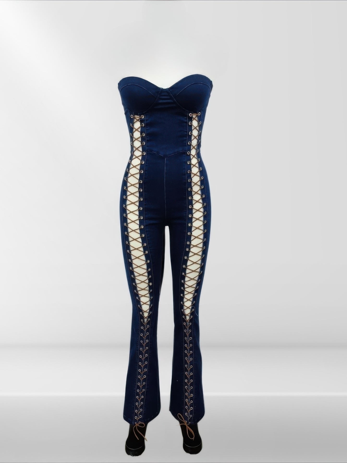 Lace Up Detail Denim Jumpsuit - AV Fashion’s