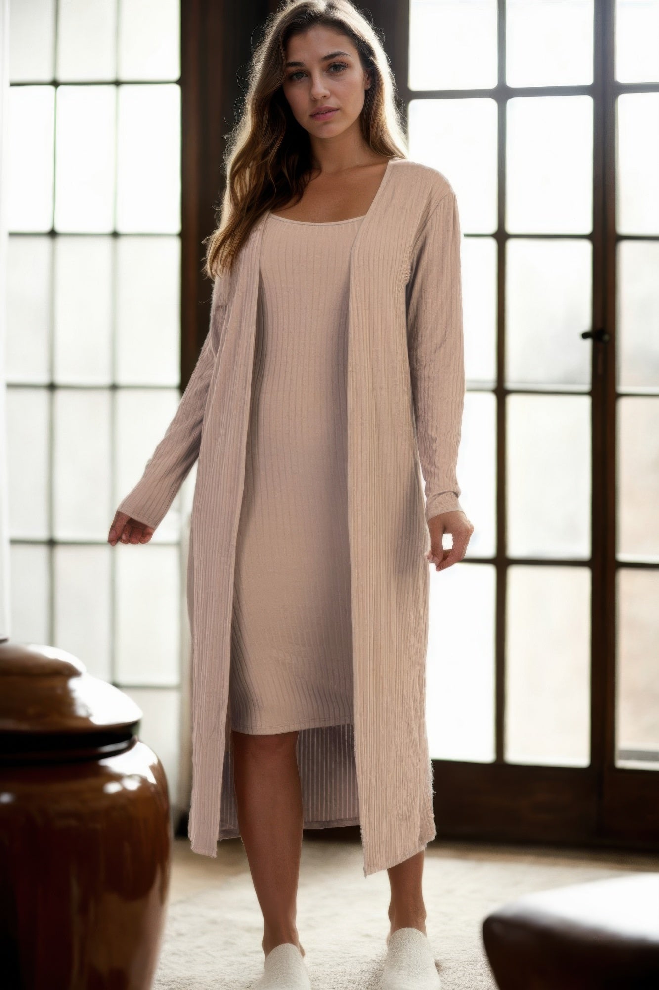 Ribbed Cardigan & Cami Midi Bodycon Dress - AV Fashion’s