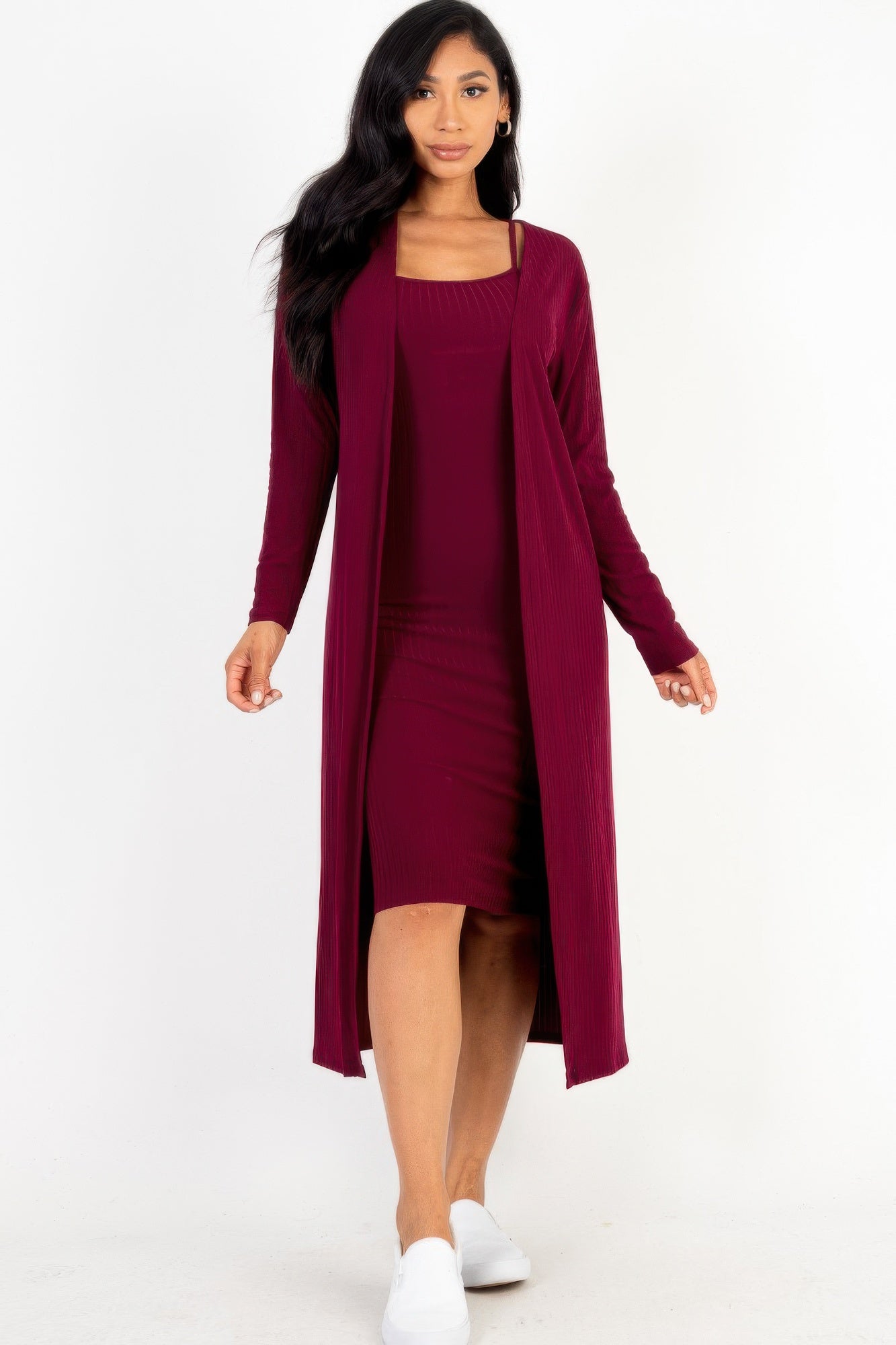Ribbed Cardigan & Cami Midi Bodycon Dress - AV Fashion’s