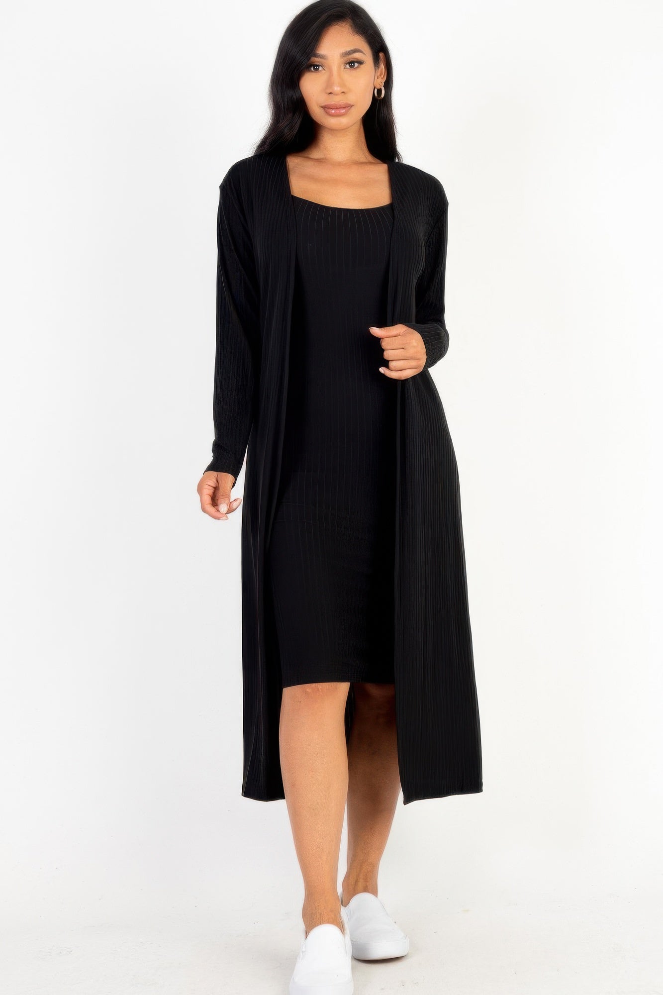 Ribbed Cardigan & Cami Midi Bodycon Dress - AV Fashion’s