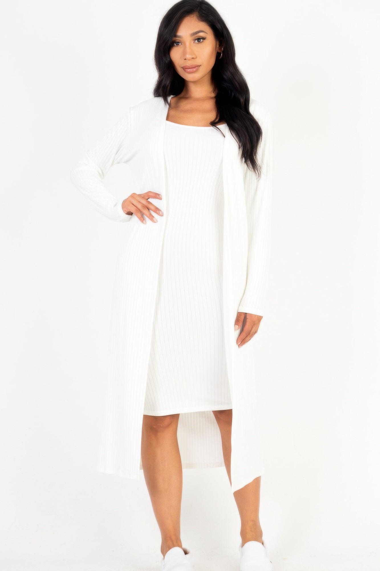 Ribbed Cardigan & Cami Midi Bodycon Dress - AV Fashion’s