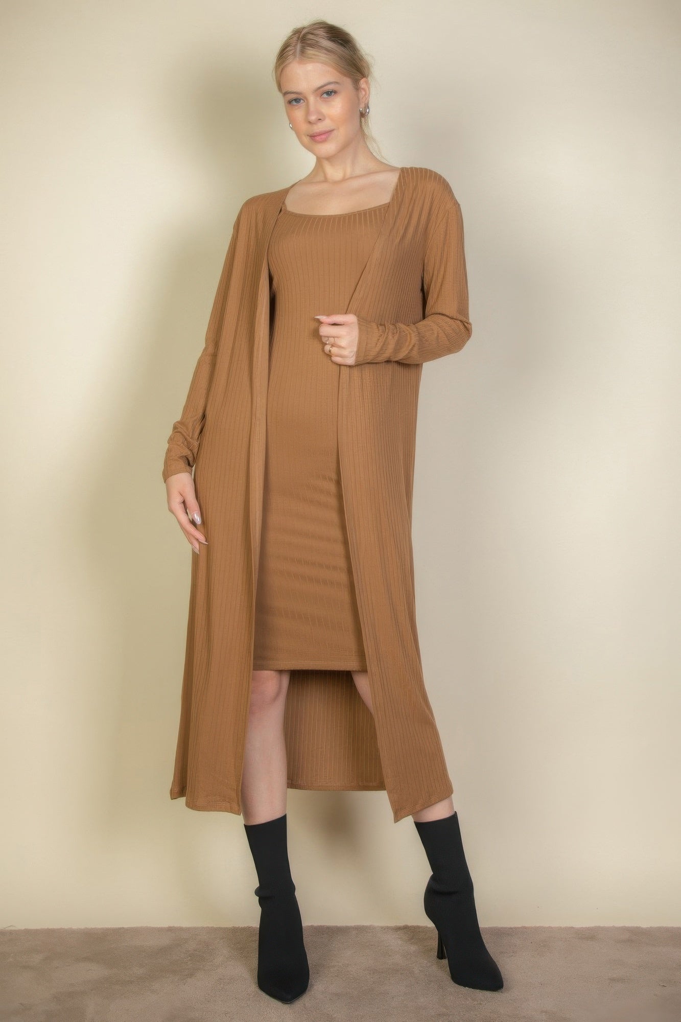 Ribbed Cardigan & Cami Midi Bodycon Dress - AV Fashion’s