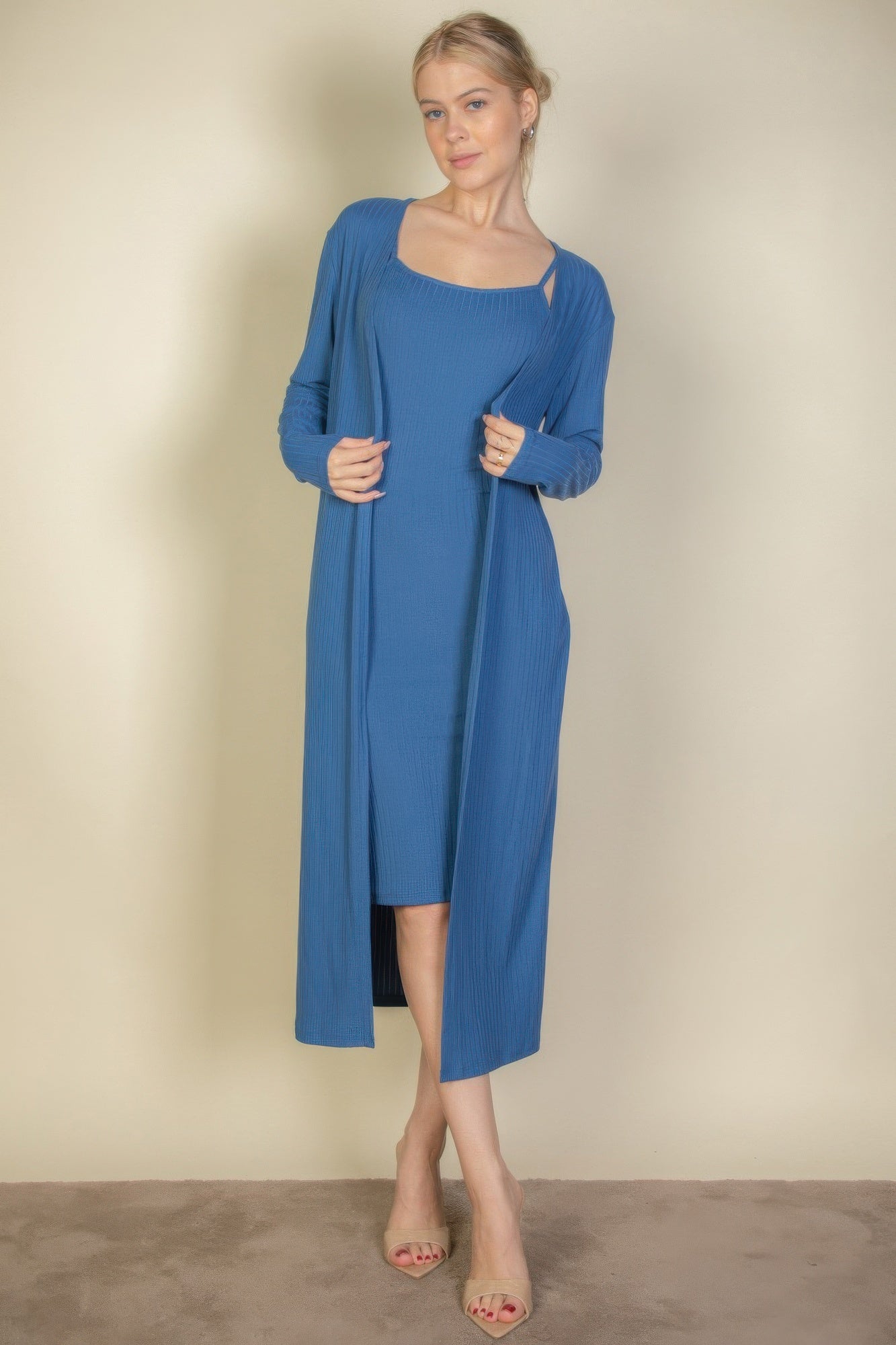 Ribbed Cardigan & Cami Midi Bodycon Dress - AV Fashion’s
