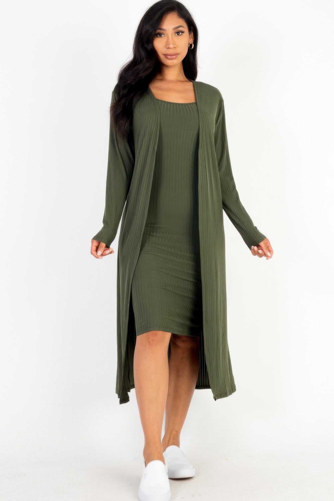 Ribbed Cardigan & Cami Midi Bodycon Dress - AV Fashion’s