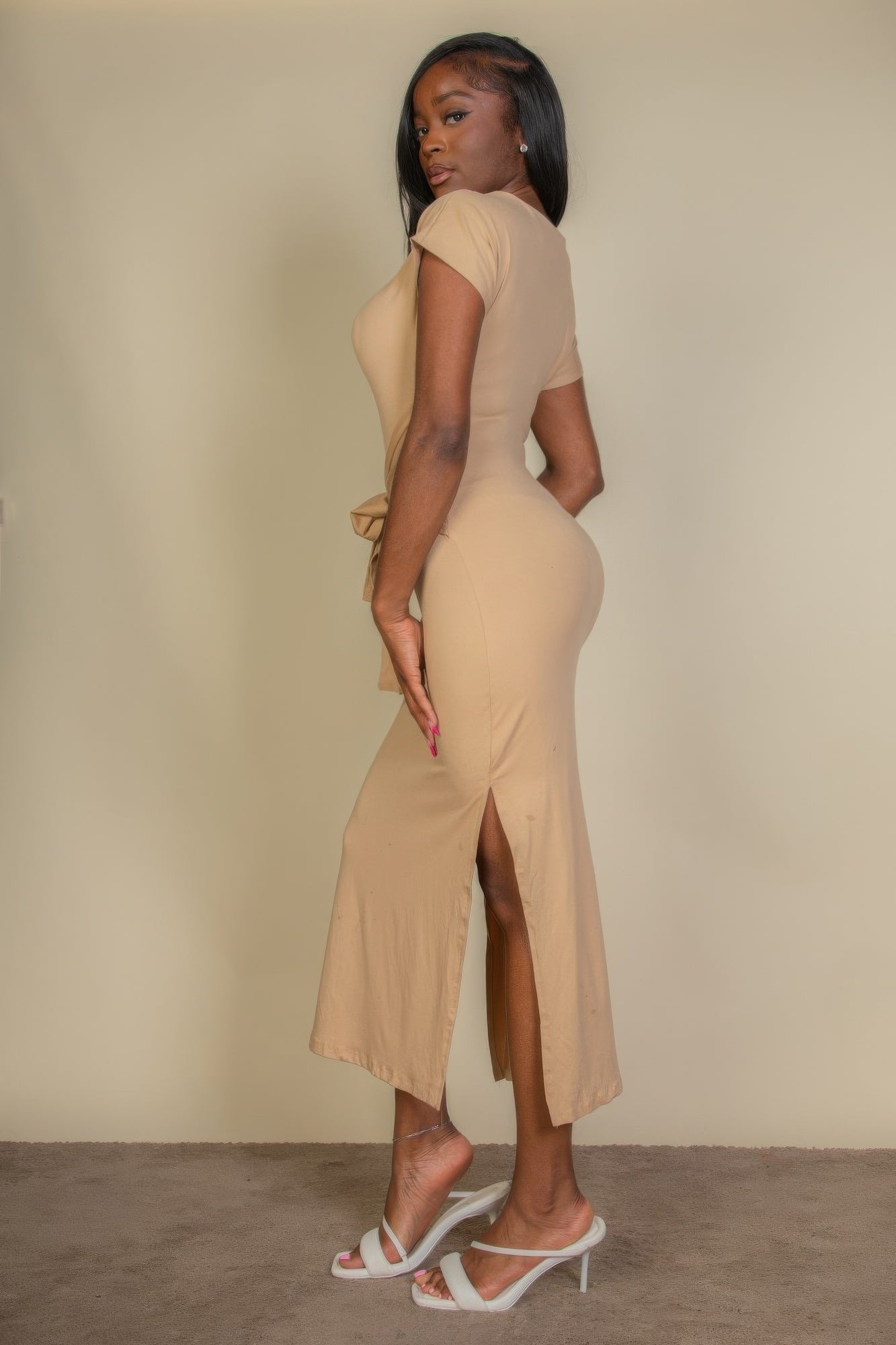 Tie Front Short Sleeve Side Slit Dress - AV Fashion’s