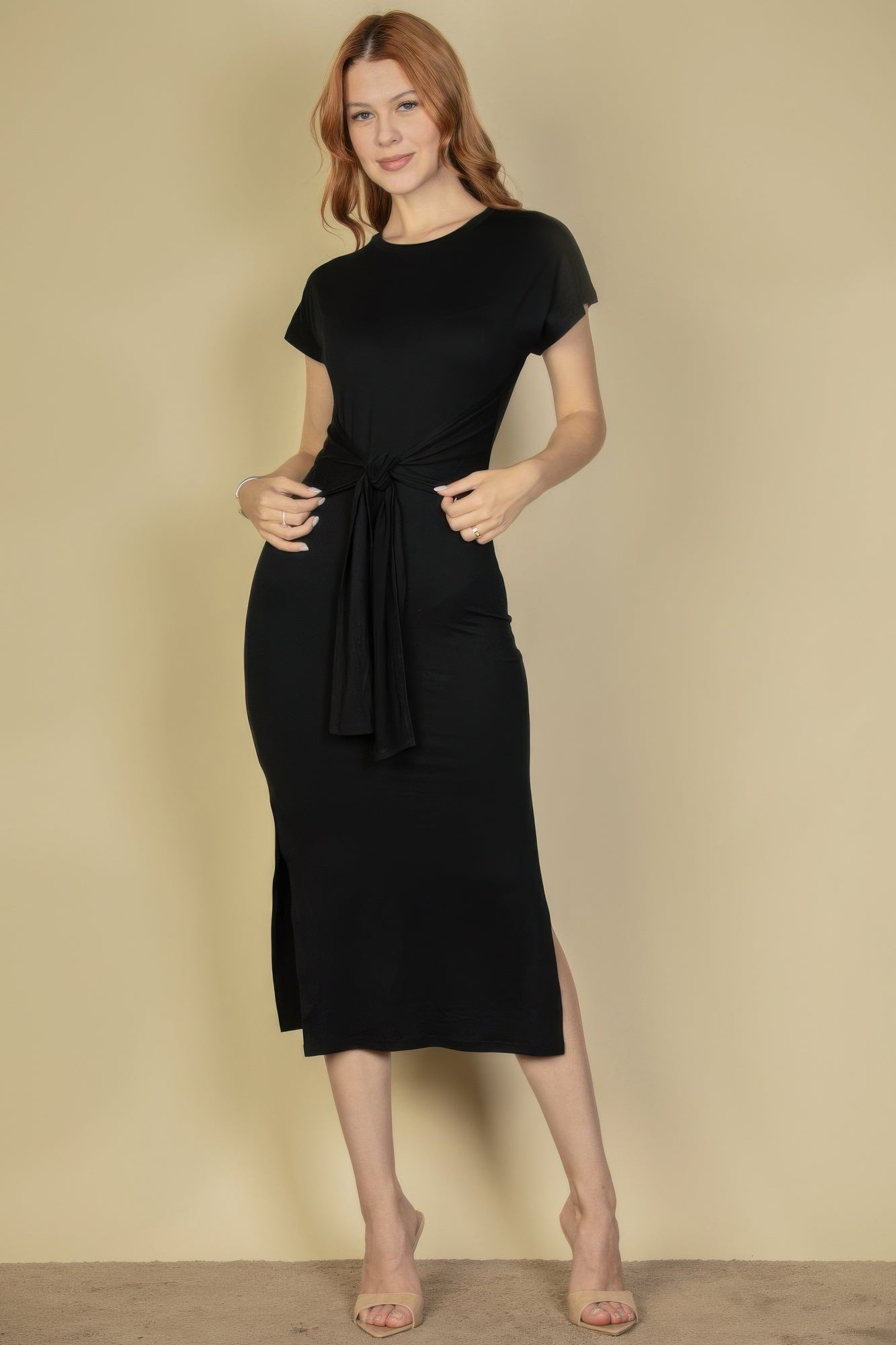 Tie Front Short Sleeve Side Slit Dress - AV Fashion’s