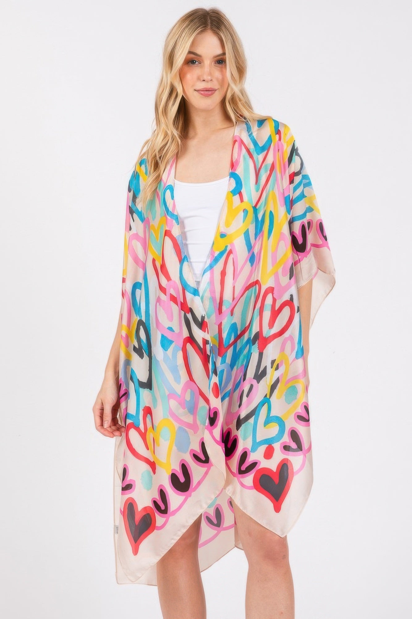 Multi Colored Heart Print Silky Feel Kimono - AV Fashion’s