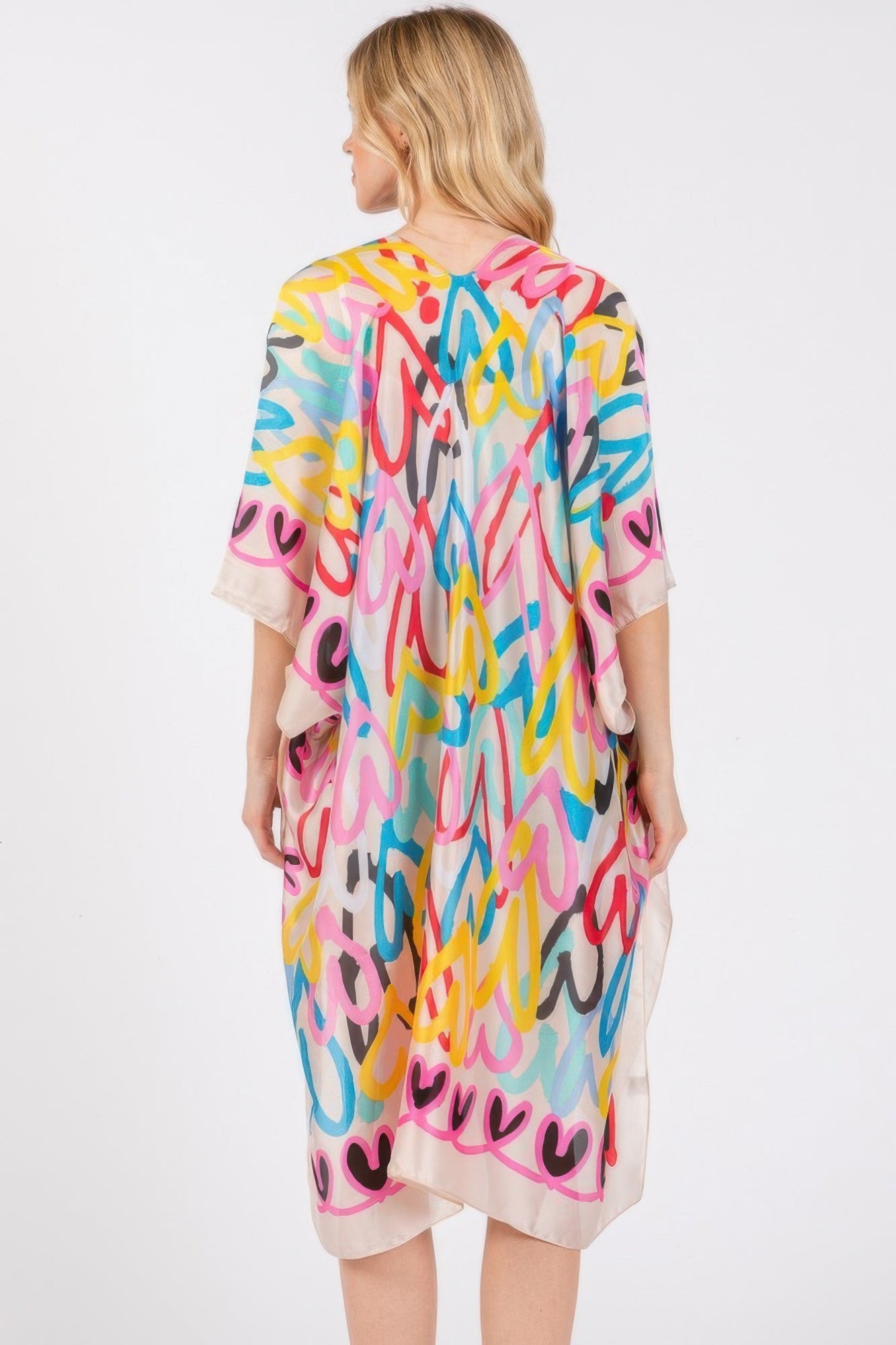 Multi Colored Heart Print Silky Feel Kimono - AV Fashion’s