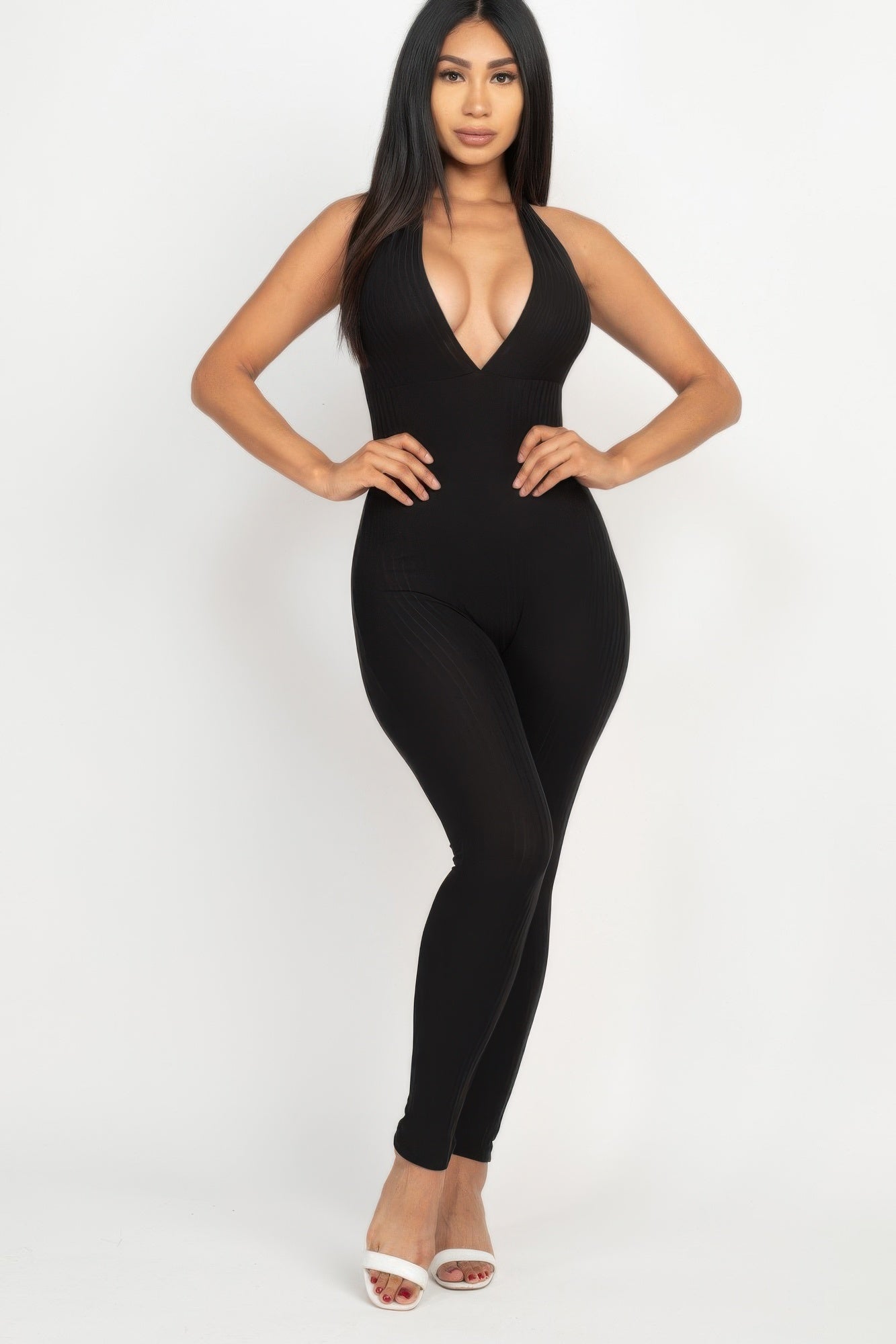 Halter V Neck Ribbed Bodycon Jumpsuit - AV Fashion’s