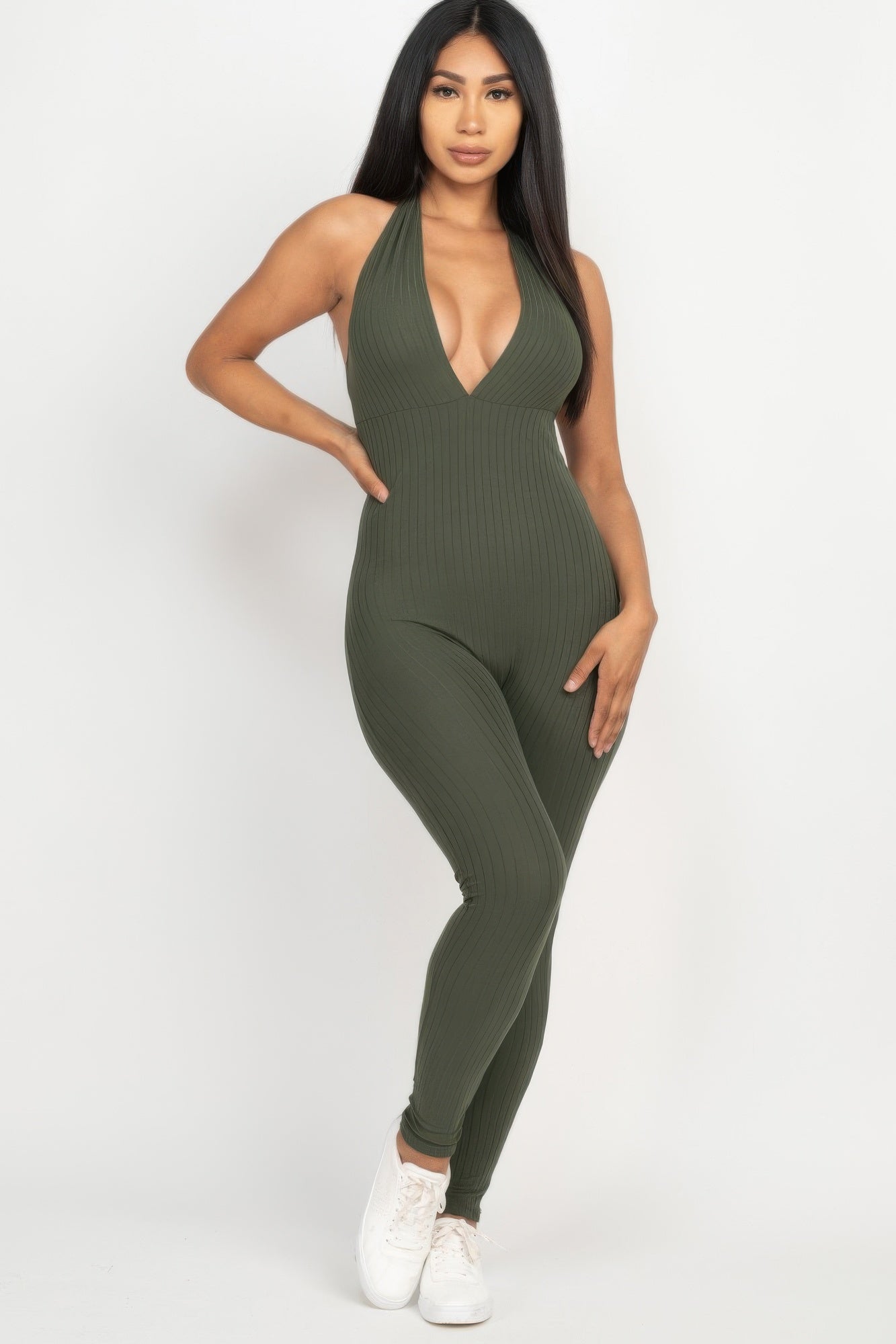 Halter V Neck Ribbed Bodycon Jumpsuit - AV Fashion’s