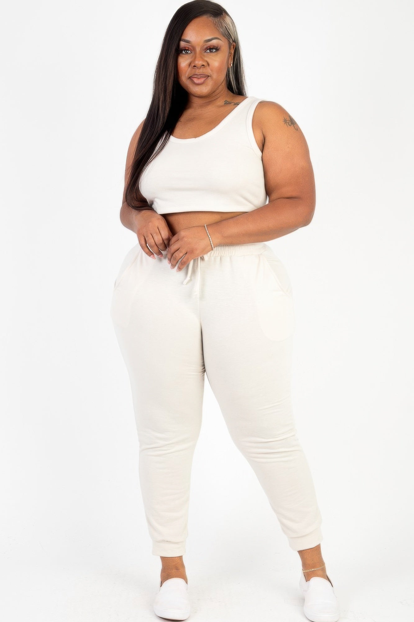 Plus Size French Terry Cropped Tank Top & Joggers Set - AV Fashion’s