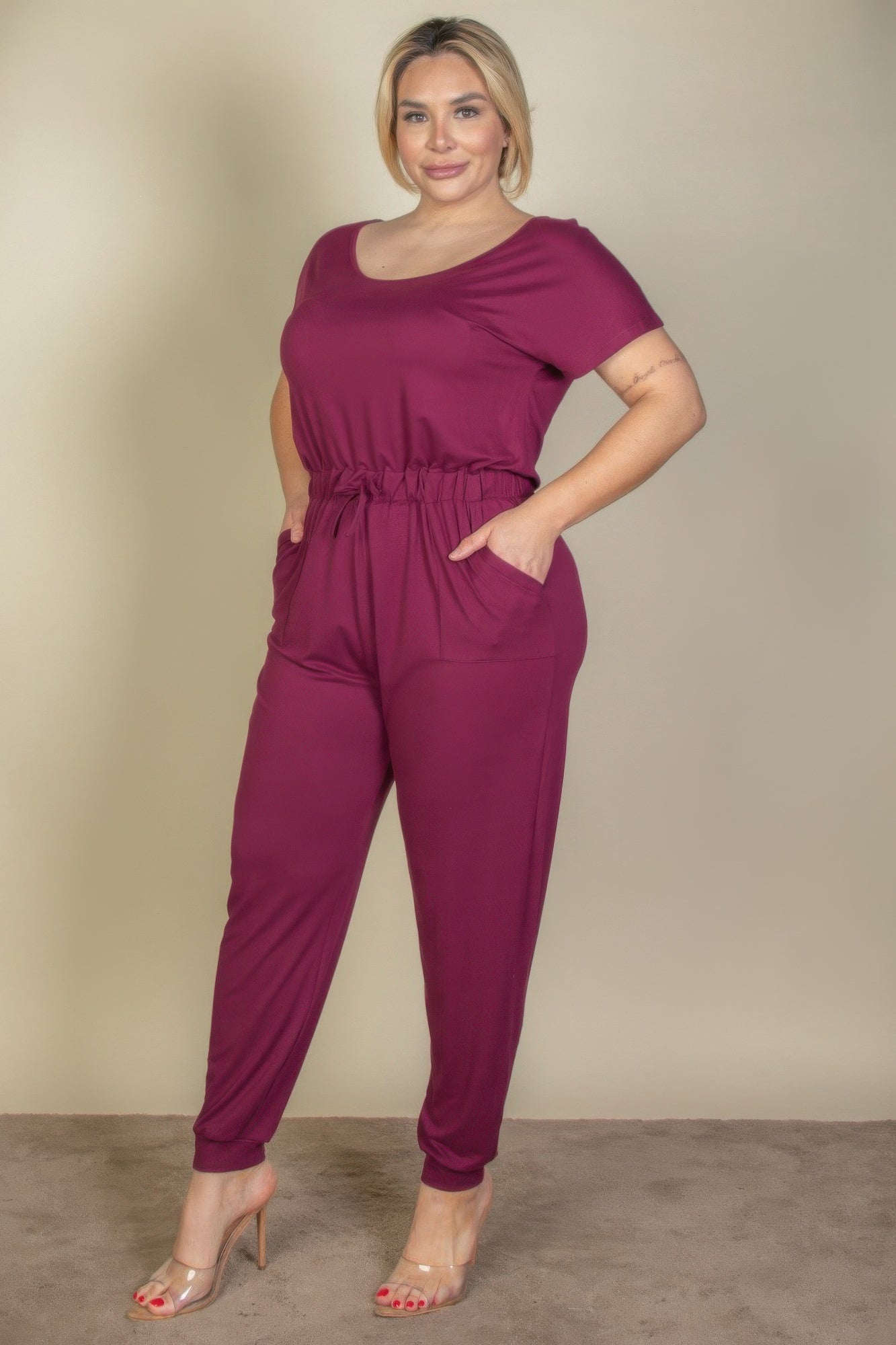 Plus Size Solid Drawstring Short Sleeve Jumpsuit - AV Fashion’s