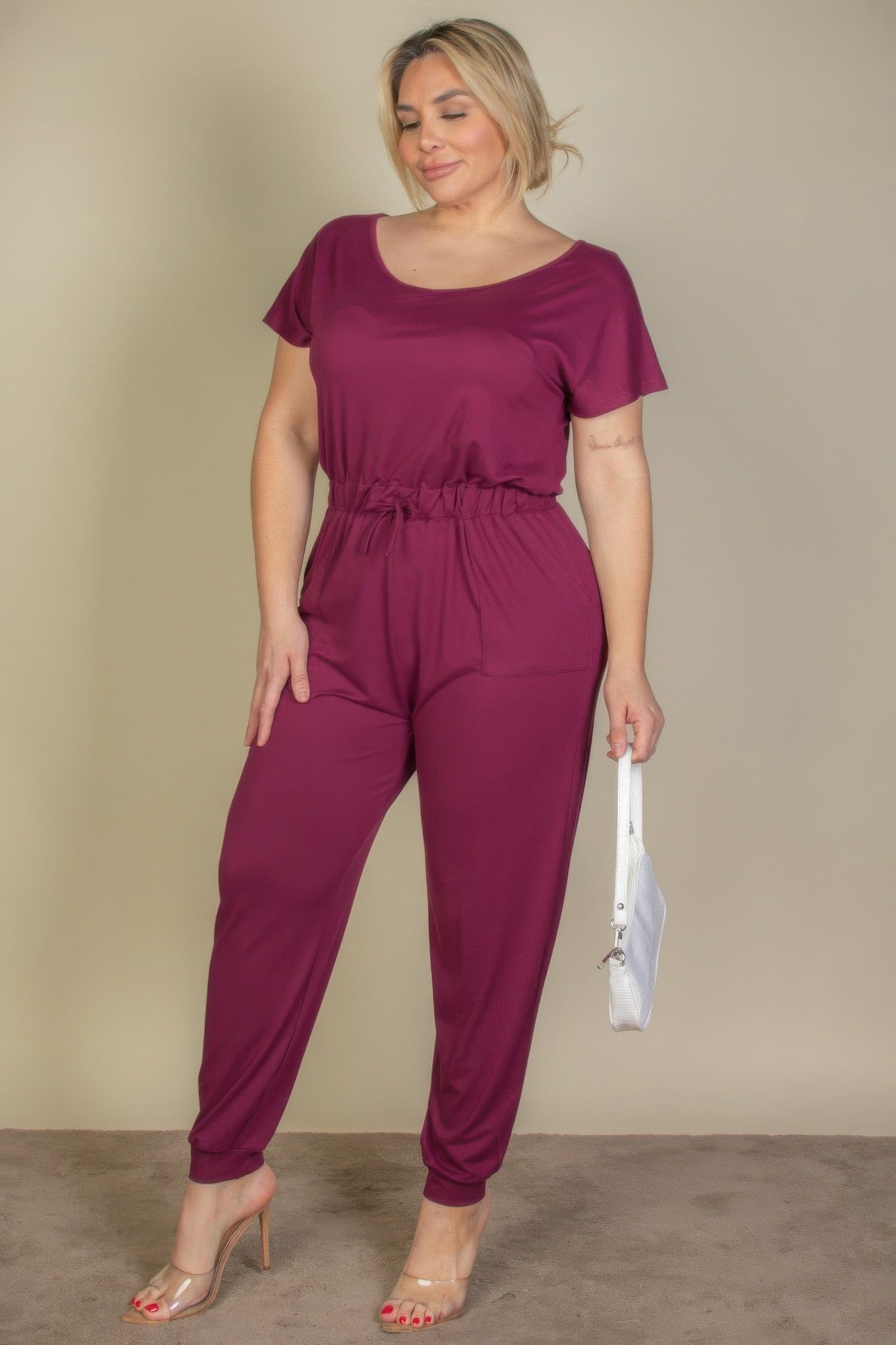Plus Size Solid Drawstring Short Sleeve Jumpsuit - AV Fashion’s