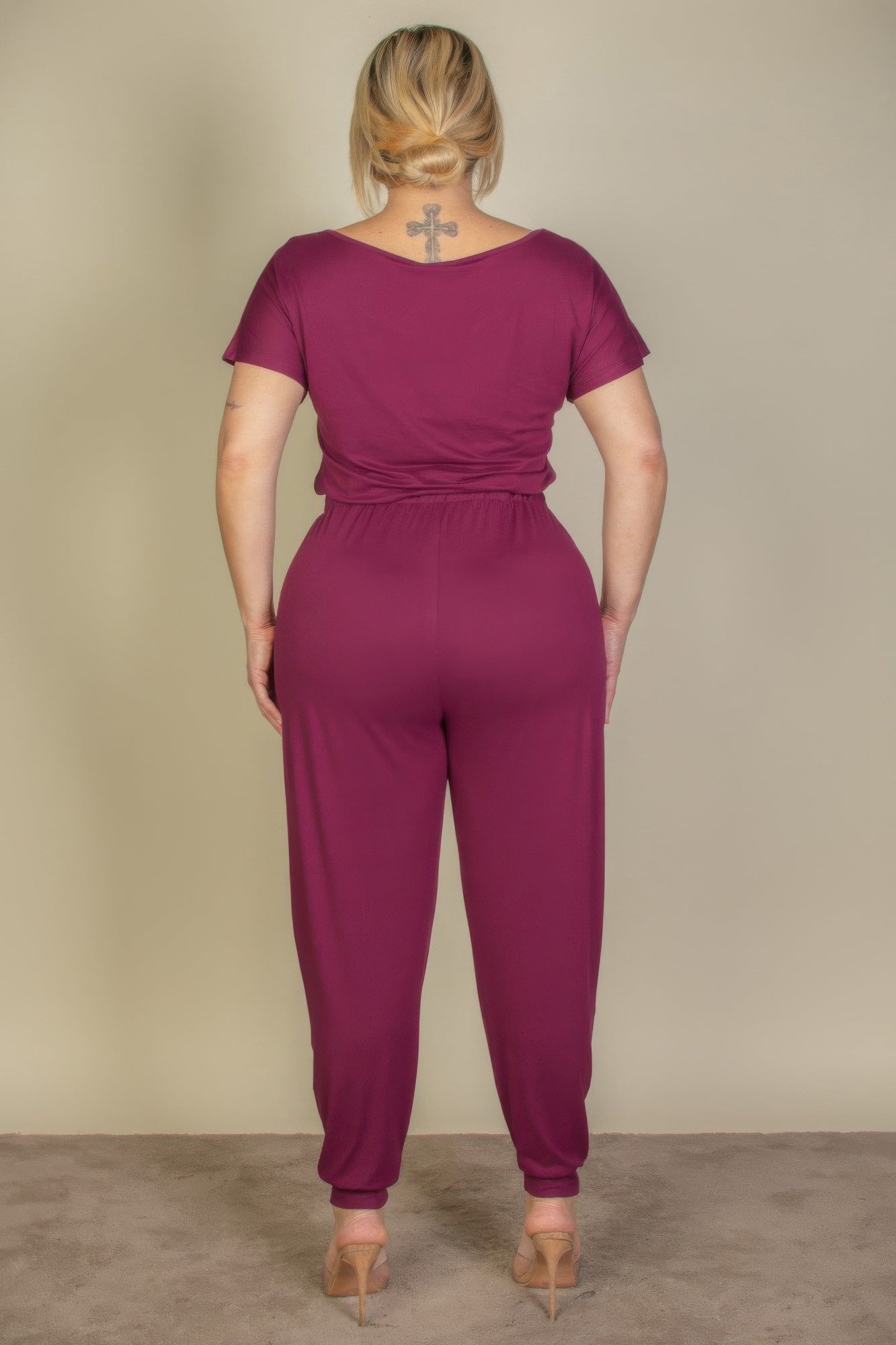 Plus Size Solid Drawstring Short Sleeve Jumpsuit - AV Fashion’s