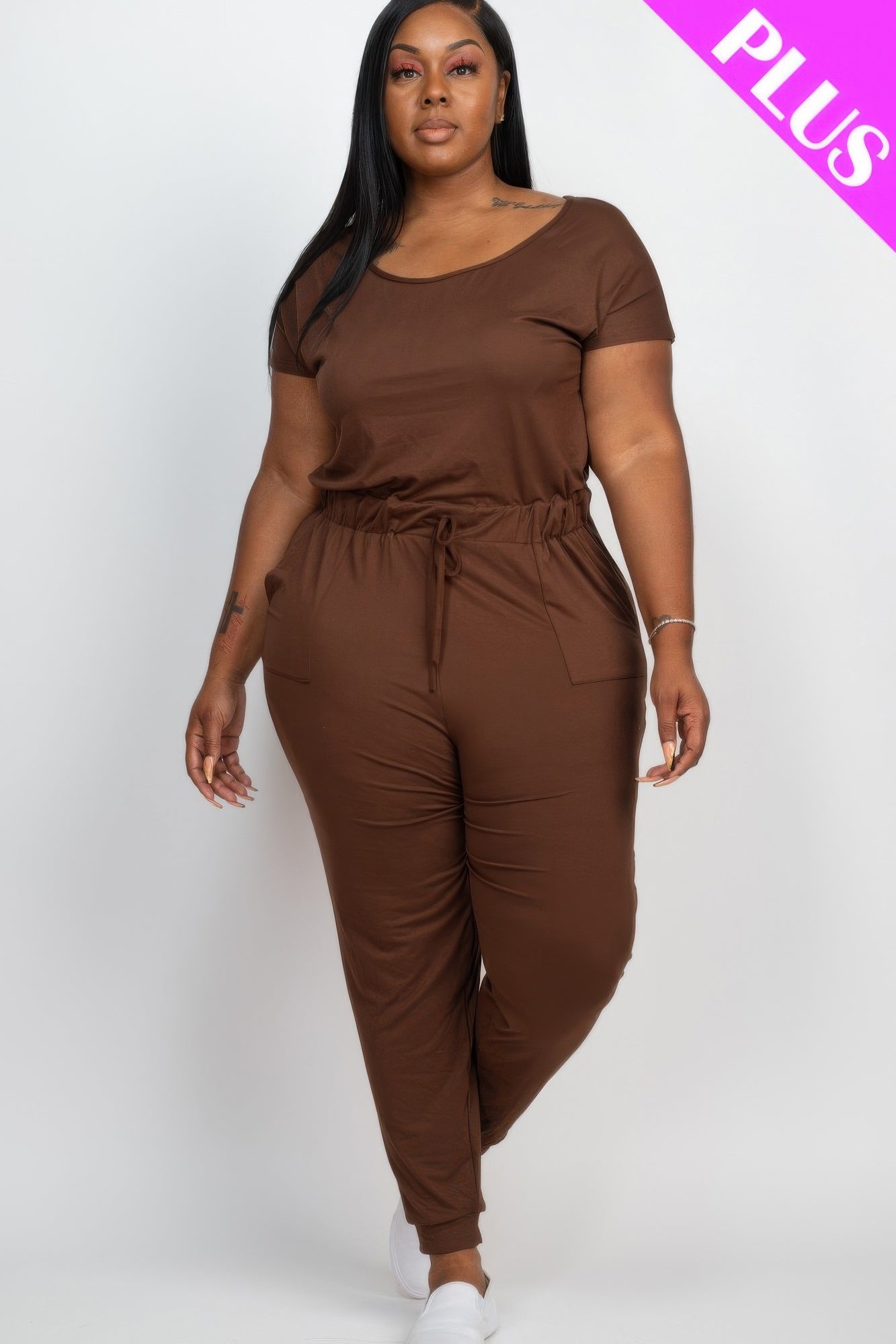 Plus Size Solid Drawstring Short Sleeve Jumpsuit - AV Fashion’s