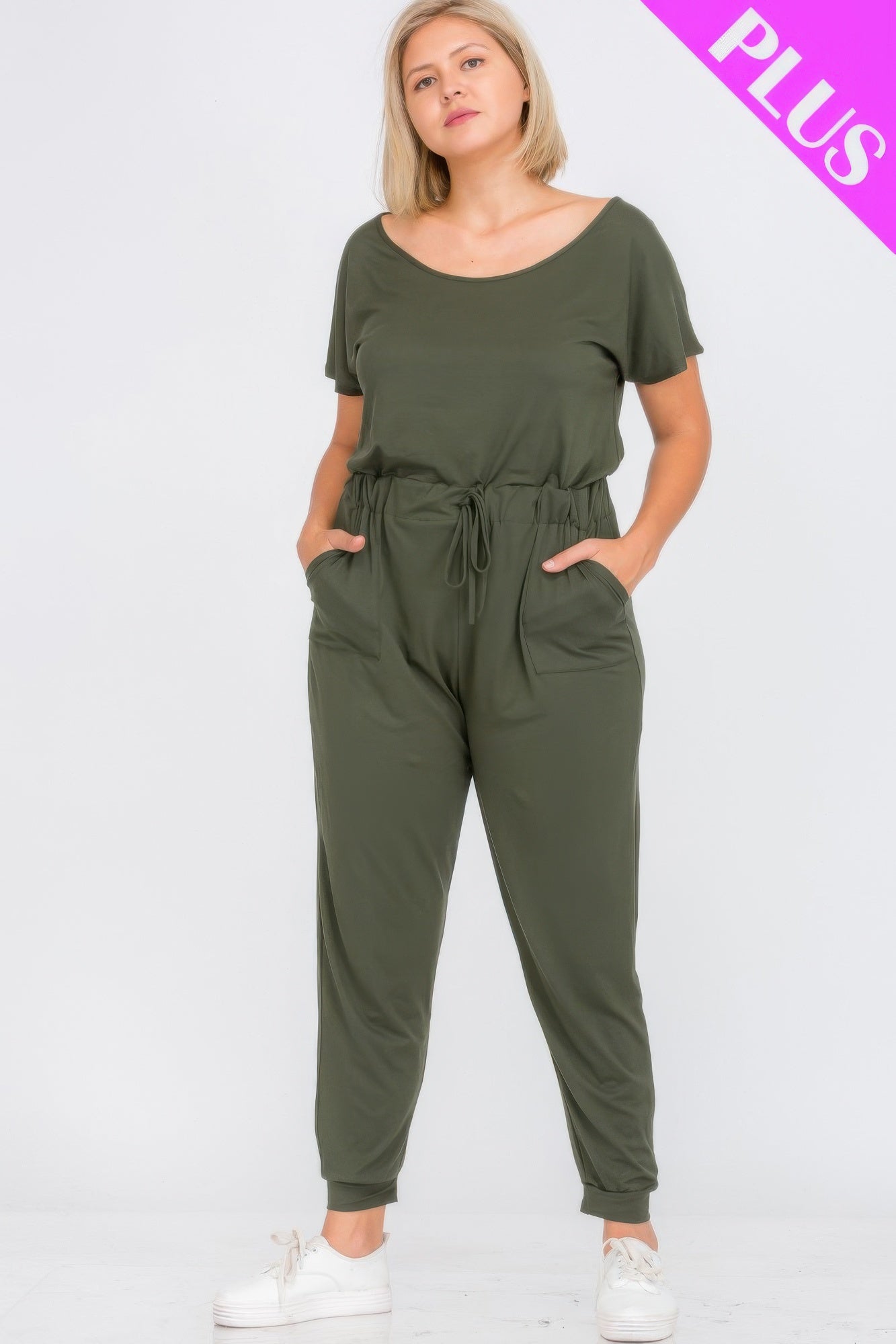 Plus Size Solid Drawstring Short Sleeve Jumpsuit - AV Fashion’s
