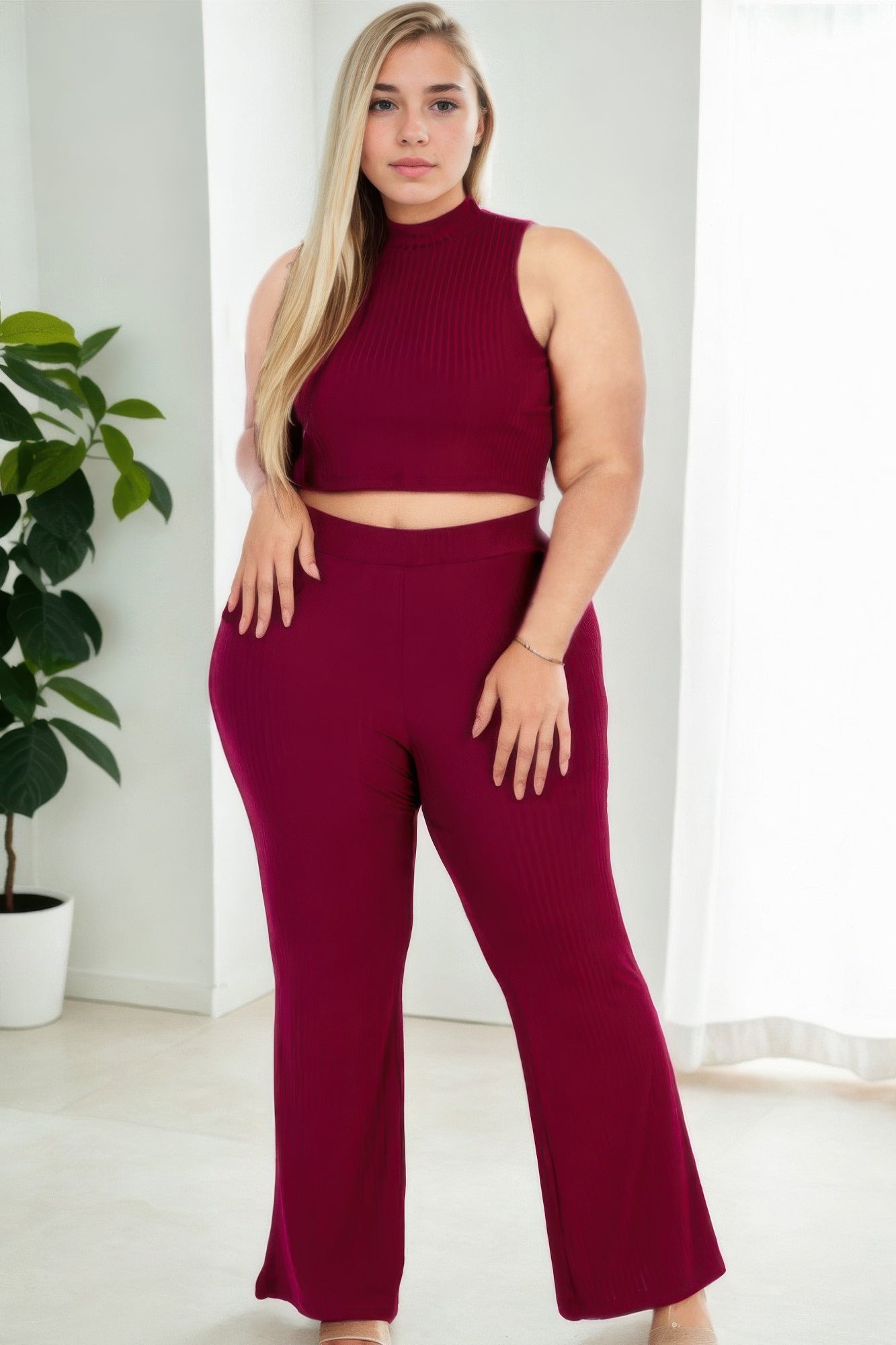 Plus Size Ribbed Mock Neck Crop Tank Top& Bootcut Pants Set - AV Fashion’s