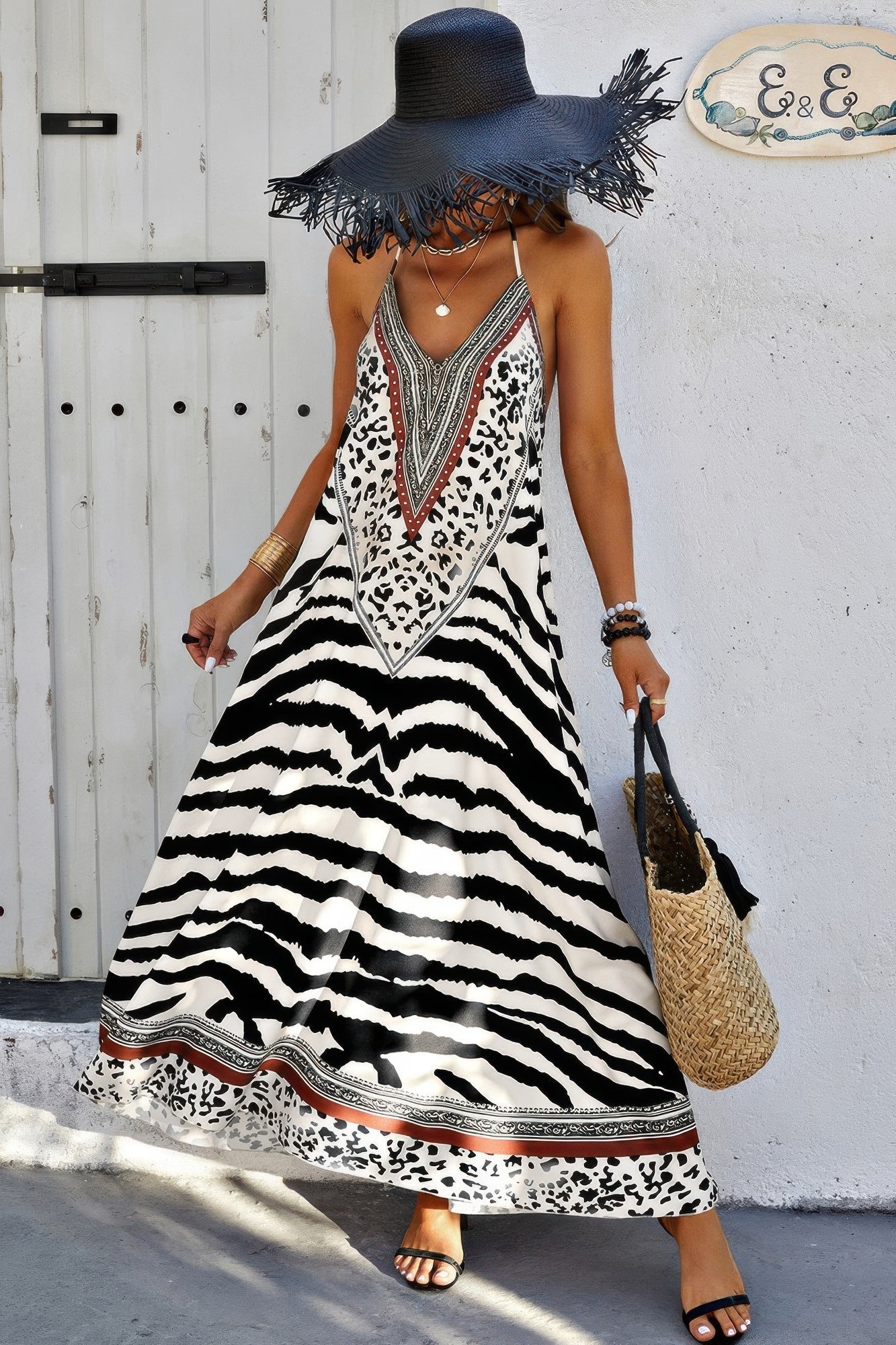 Animal Print Halter Deep V Ruffle Maxi Dress - AV Fashion’s
