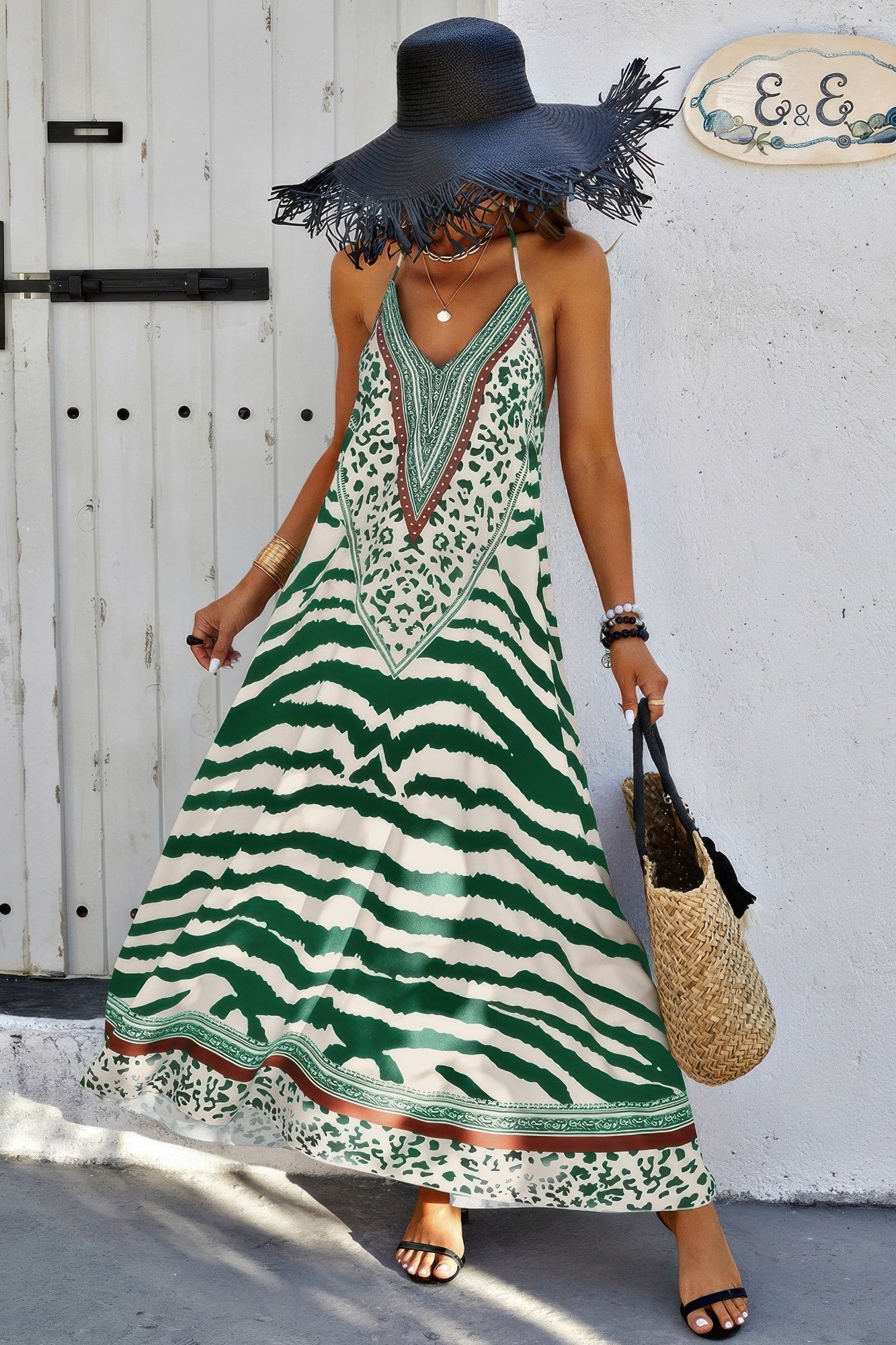 Animal Print Halter Deep V Ruffle Maxi Dress - AV Fashion’s