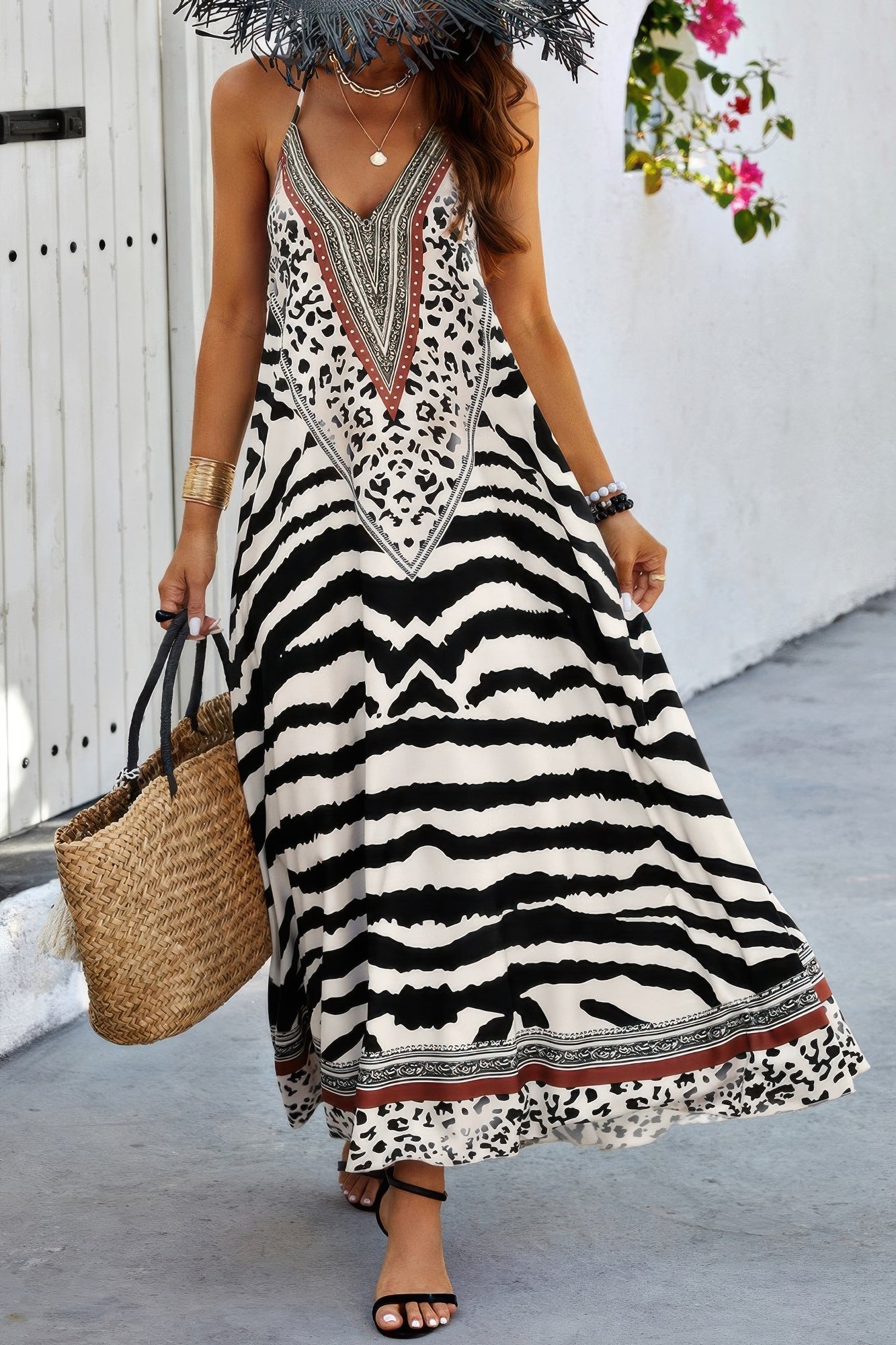 Animal Print Halter Deep V Ruffle Maxi Dress - AV Fashion’s