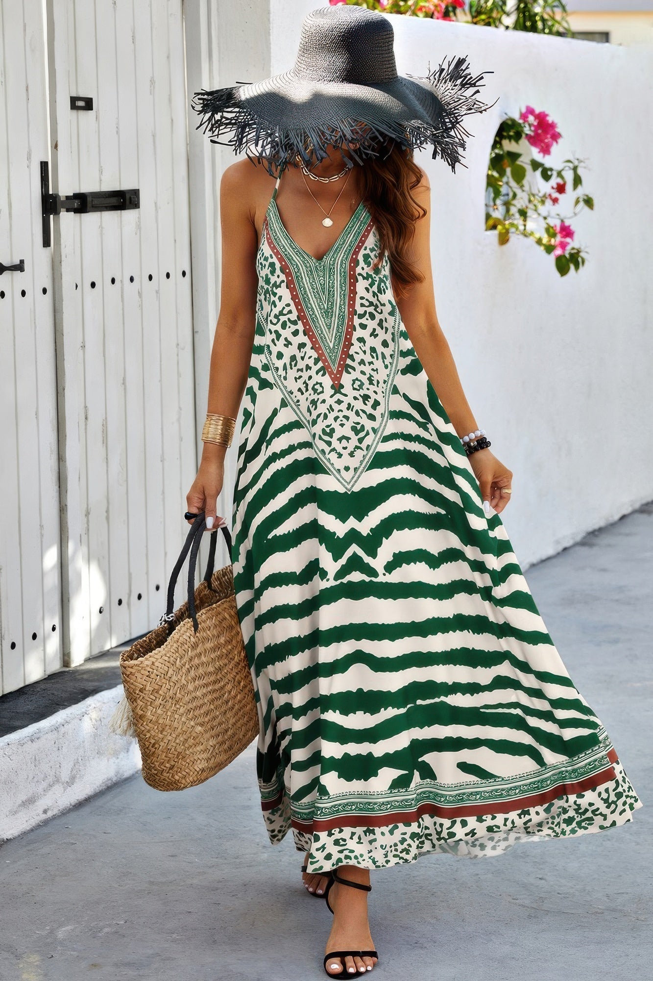 Animal Print Halter Deep V Ruffle Maxi Dress - AV Fashion’s