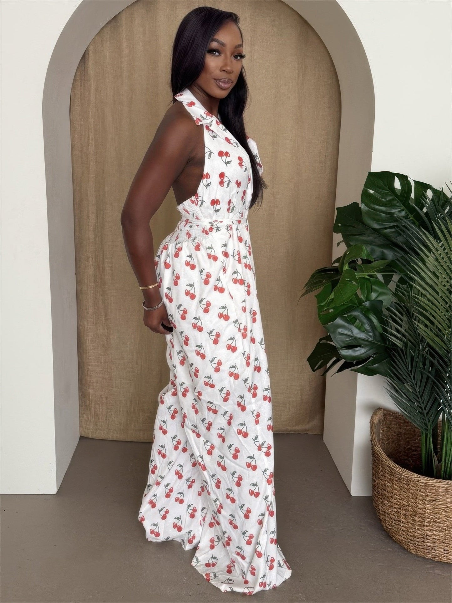 Cherry Print Halter Wide - leg Jumpsuit - AV Fashion’s